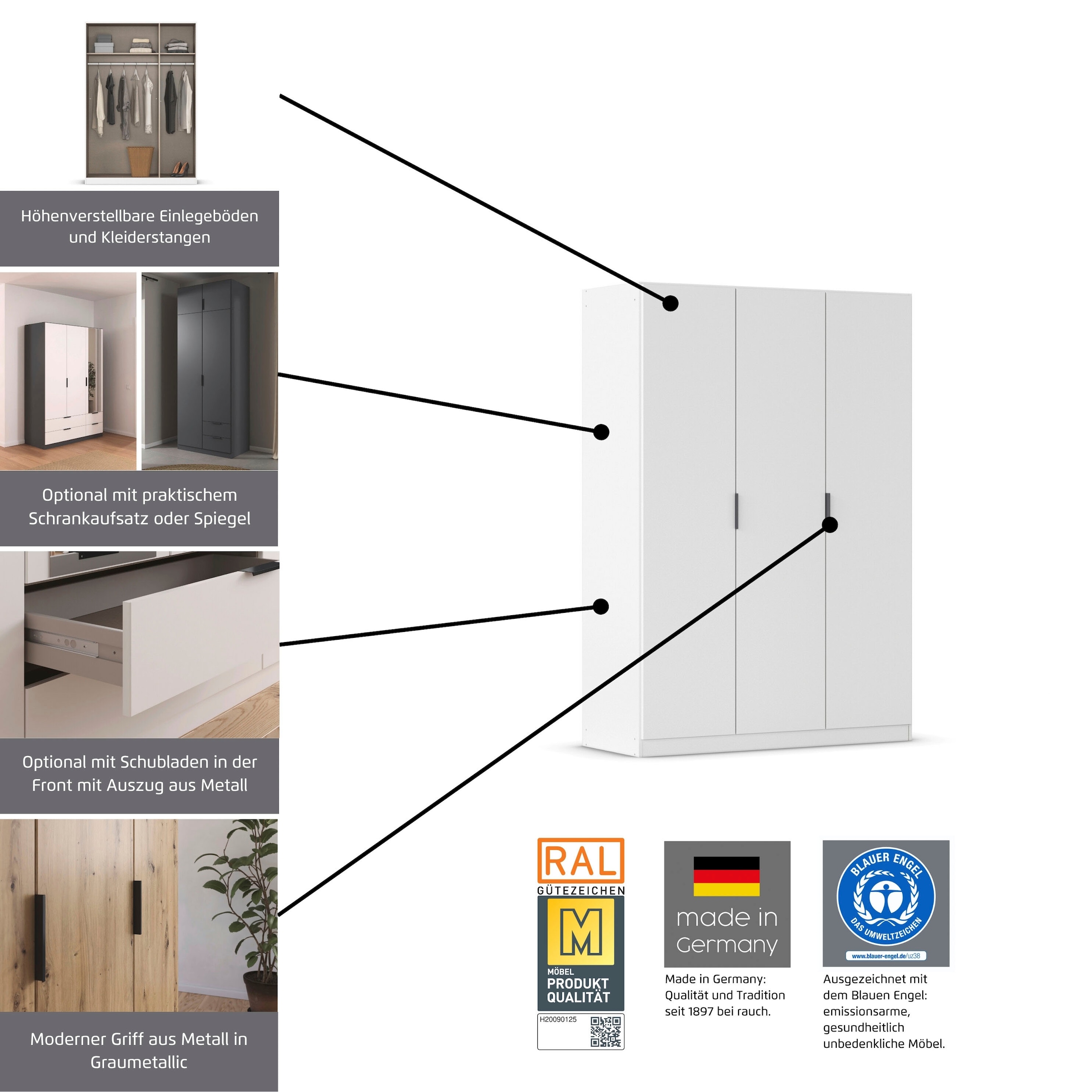 rauch Kleiderschrank »Drehtürenschrank Schrank Garderobe Ankleide Schlafzimmer LAGOA« 3 verschiedene Ausstattungen BASIC/CLASSIC/PREMIUM (inkl. SOFT-CLOSE),  moderne Kantengriffe aus Metall, optional mit Aufsatz MADE IN GERMANY
