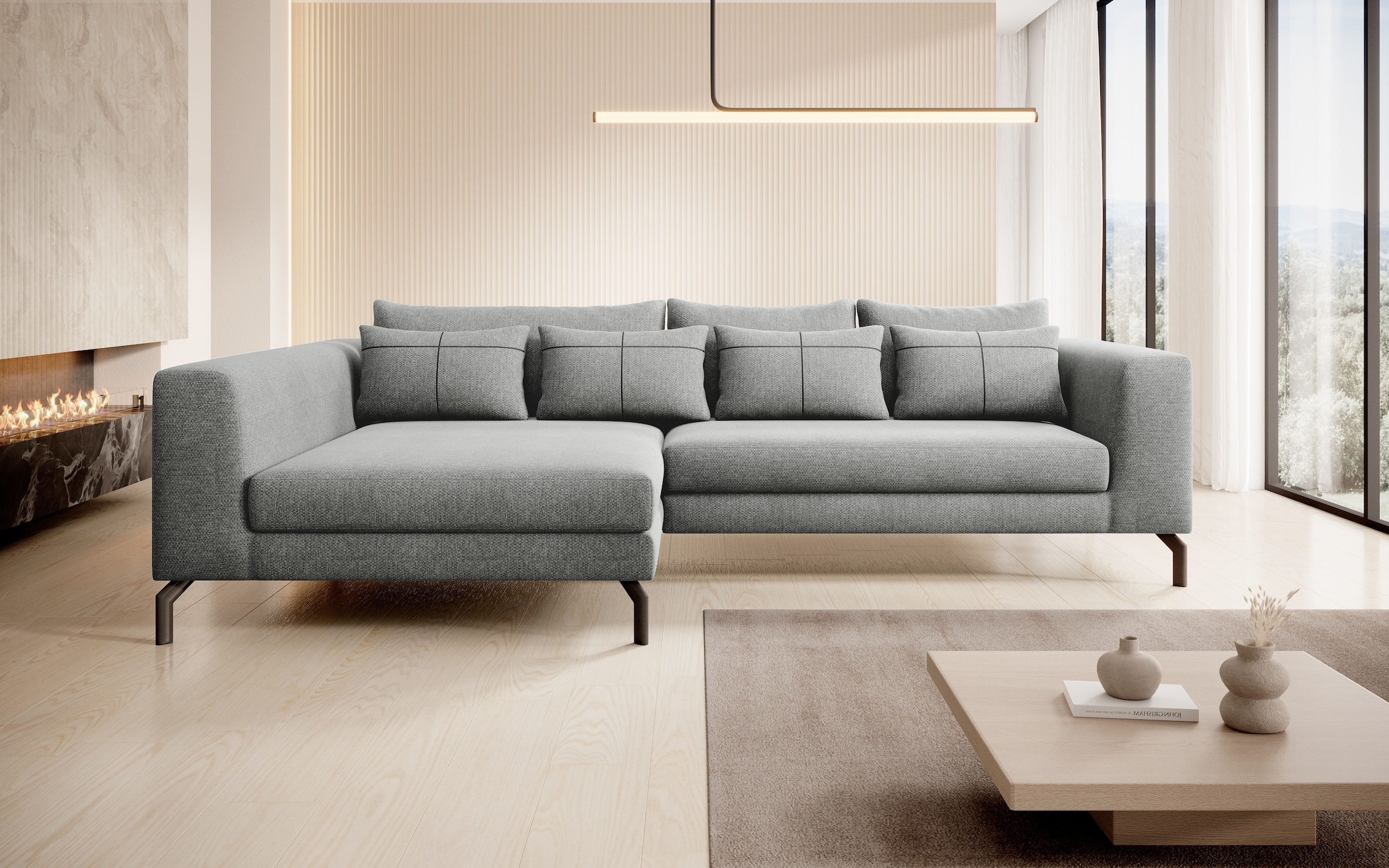 Home affaire Ecksofa "Cross, mit softem Sitz, L-Form, wendbare Zierkissen, Breite 284 cm" Couch mit vielen Kissen, stylische Kreuznaht, elegante Metallfüße