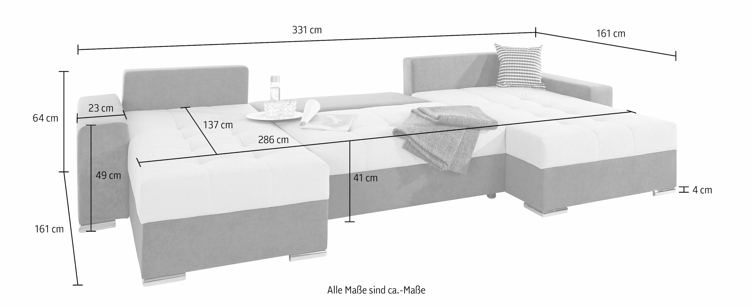 COLLECTION AB Wohnlandschaft »XXL-Josy U-Form, Breite 333 cm, mit 2 Recamieren 77 & 97 cm«, inkl. Bettfunktion, Bettkasten, mit 5 gleich großen Rückenkissen