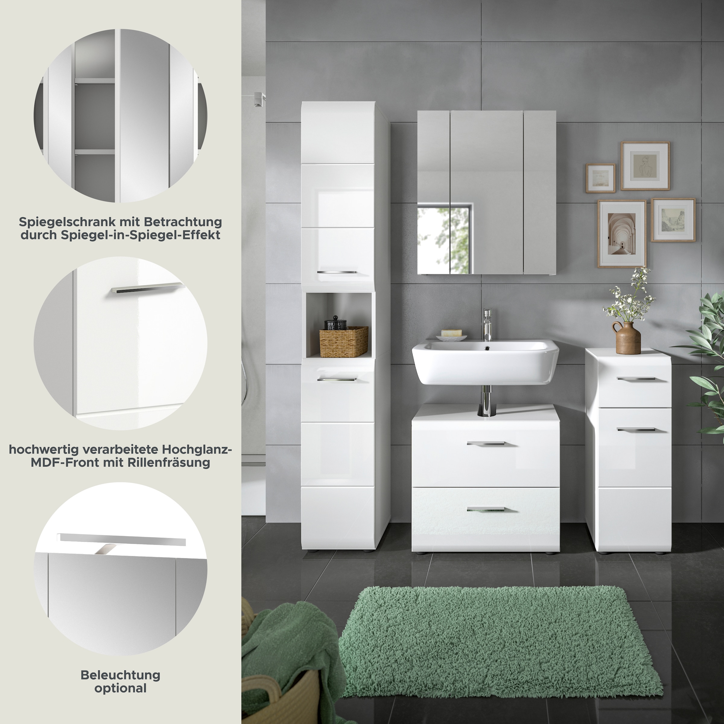 INOSIGN Badezimmer-Set, (Set, 4 St.), Florenz, Badkombination 4-tlg., Weiß hochglanz tiefzieh, Hochschrank