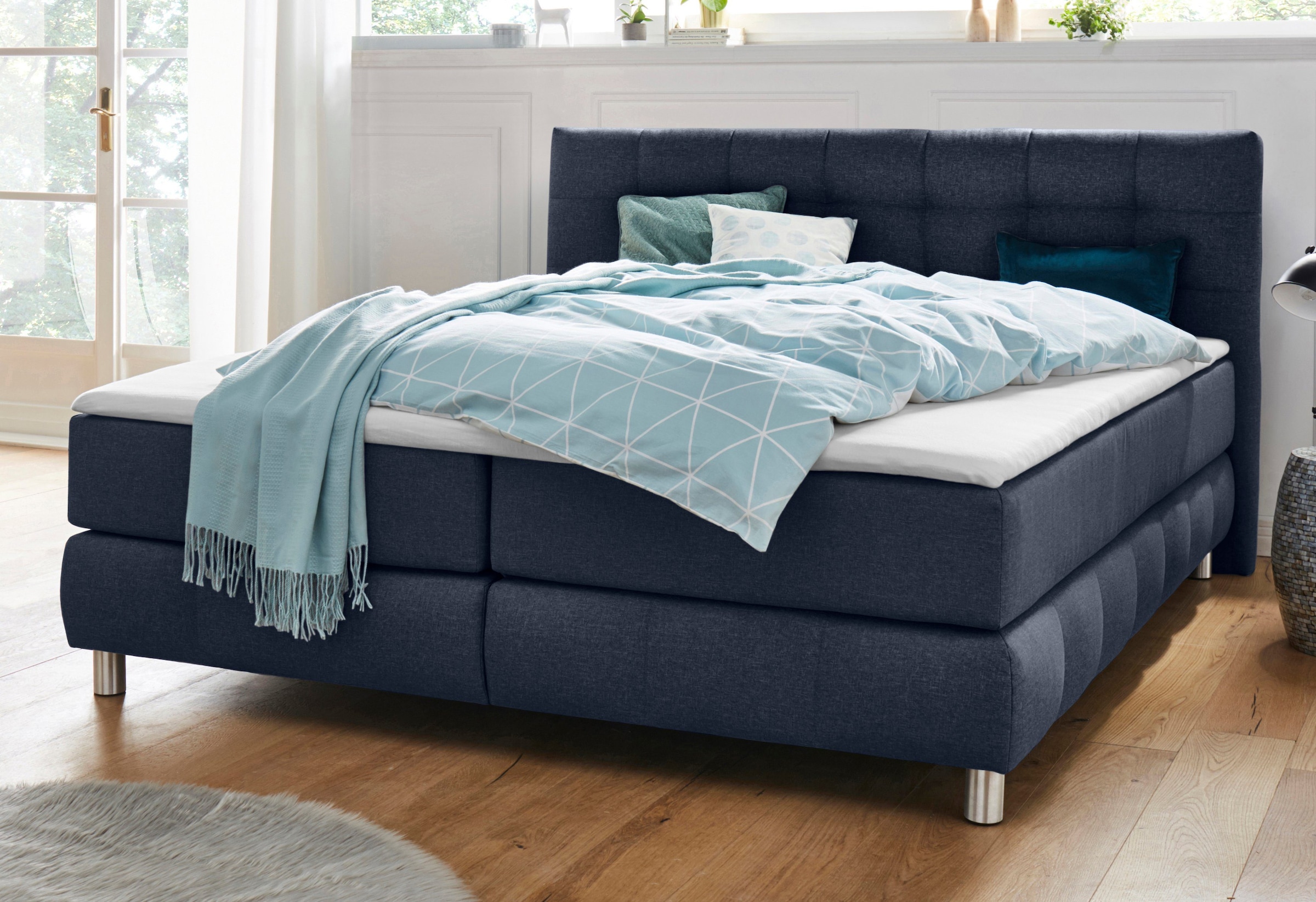 Boxspringbett HOME AFFAIRE "Salo XXL", blau, B:194cm L:231cm, Komplettbetten, Boxspringbett, in Samtoptik oder Struktur, 6 Breiten in Überlänge 220cm, 4 Härtegrade