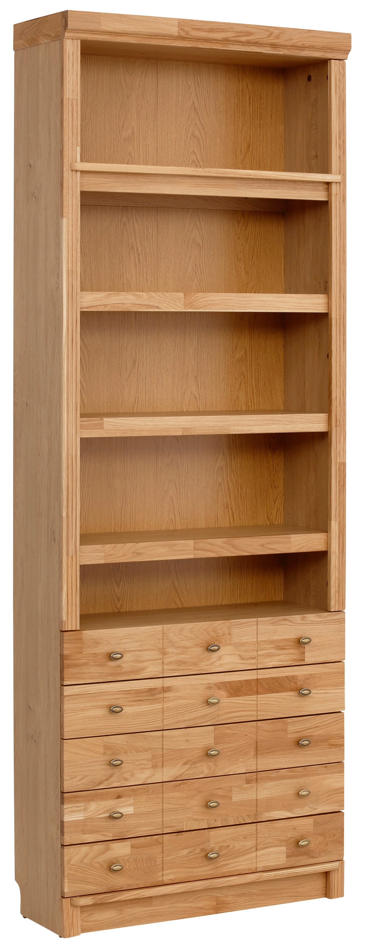 OTTO home Bücherregal "Soeren Eiche Regal mit 5 breiten Schubkästen in geteilter Optik" T/H: 80/29/220 cm, Eiche teilmassiv, FSC, elegante Metallgriffe