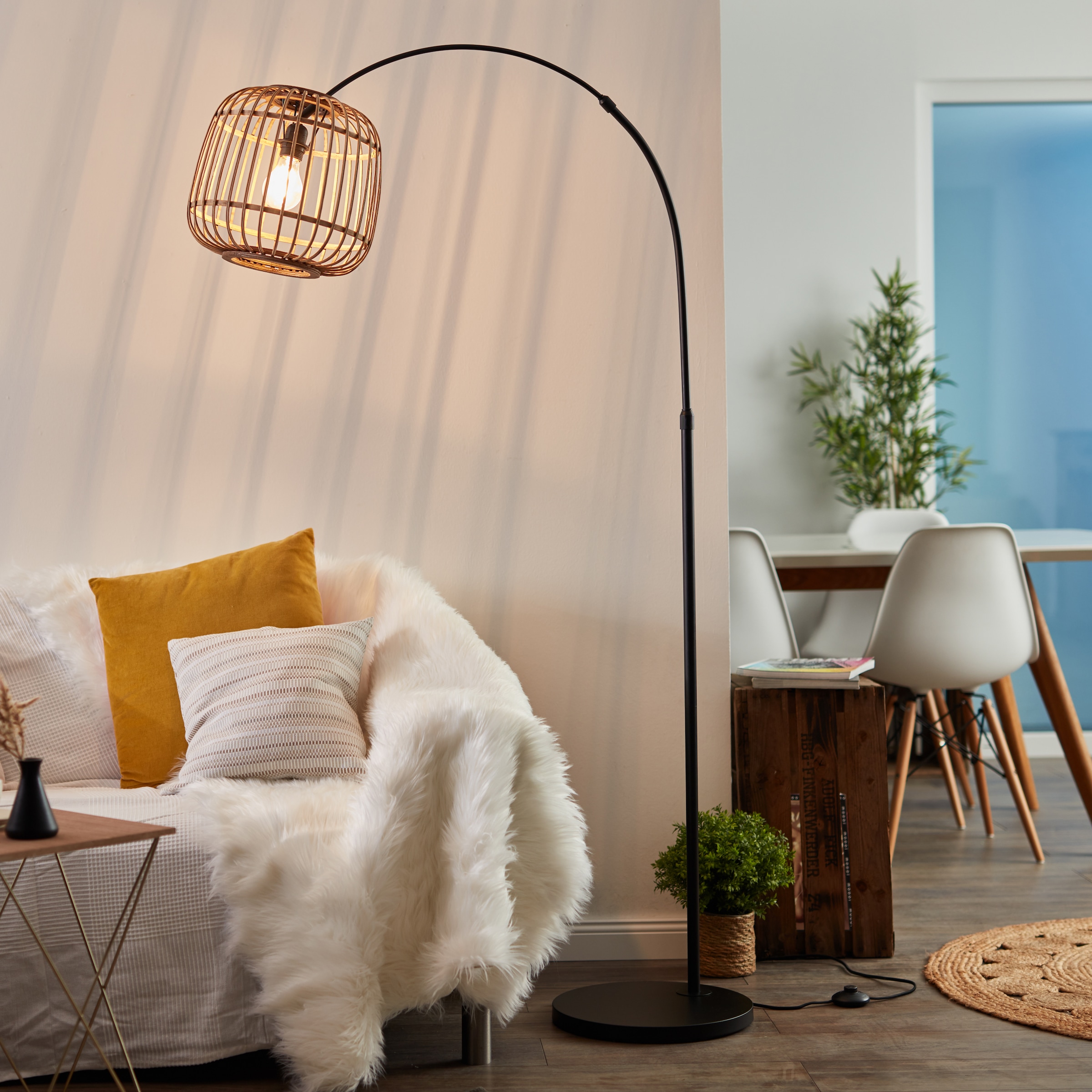 Brilliant Bogenlampe »Nikka«, 1 flammig, Leuchtmittel E27 | ohne Leuchtmittel, mit Rattan-Schirm, 171 cm Höhe, E27, Metall/Rattan, schwarz/natur