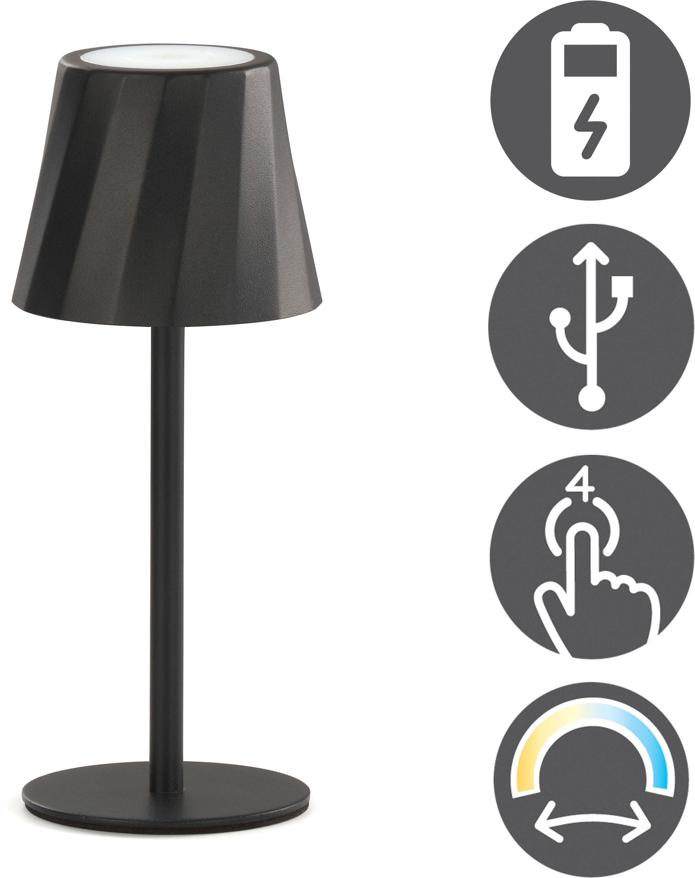 REALITY Leuchten LED Tischleuchte »DIAZ, Outdoor Akku Tischlampe Höhe 21 cm Ø 8,5 cm, IP44, Touchdimmer« LED-Board 1 Stk. Farbwechsler | warmweiß - kaltweiß CCT Lichtfarbe einstellbar 2700-6500K, 160 Lumen, 1,6W, USB Anschluss