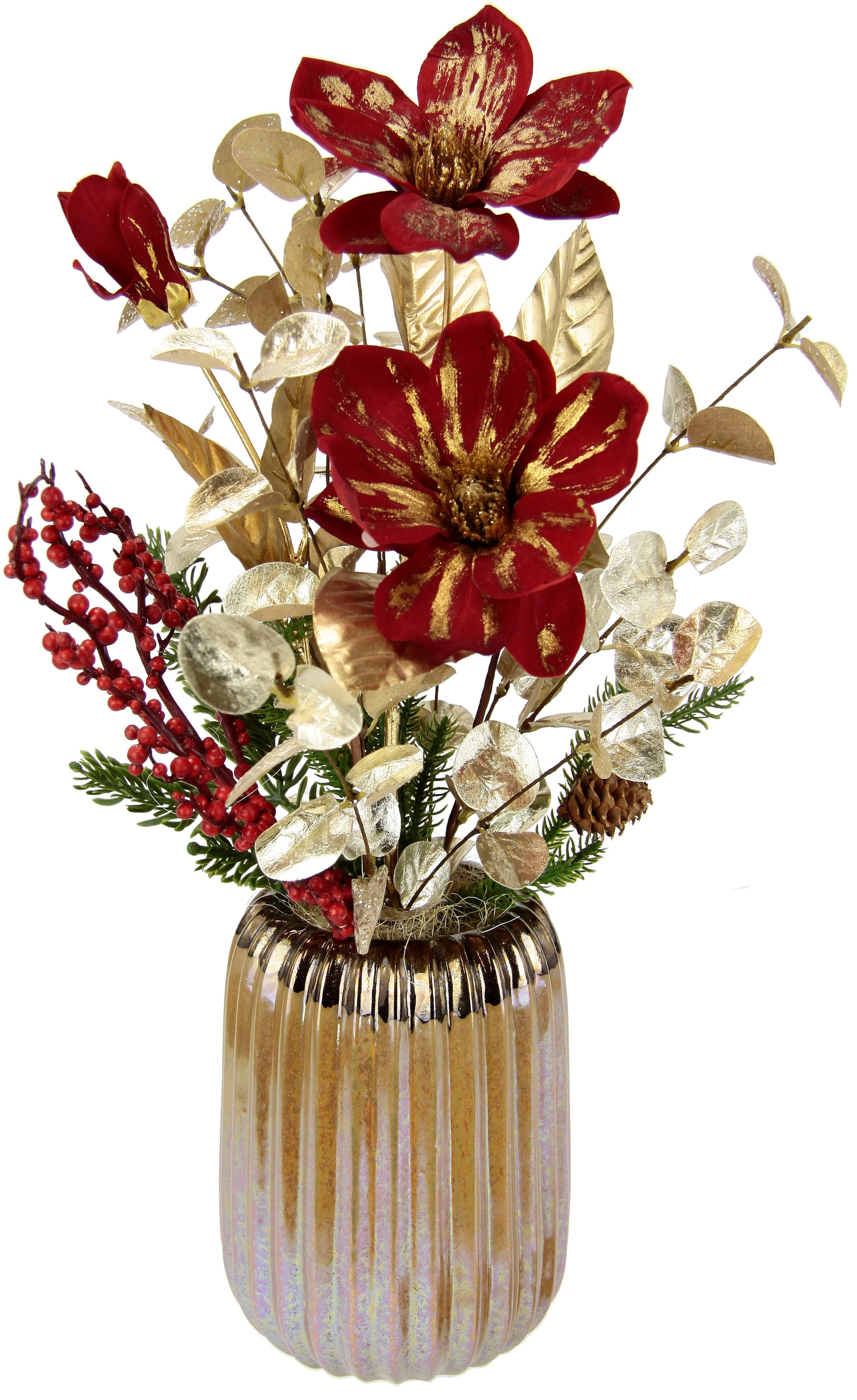 I.GE.A. Weihnachtsdeko,«, mit Kunstblumen-Arrangement, festliches Weihnachtsgesteck Kunstpflanze »Gesteck Blumenensemble, Winterliche Keramikvase, in BAUR Magnolie |
