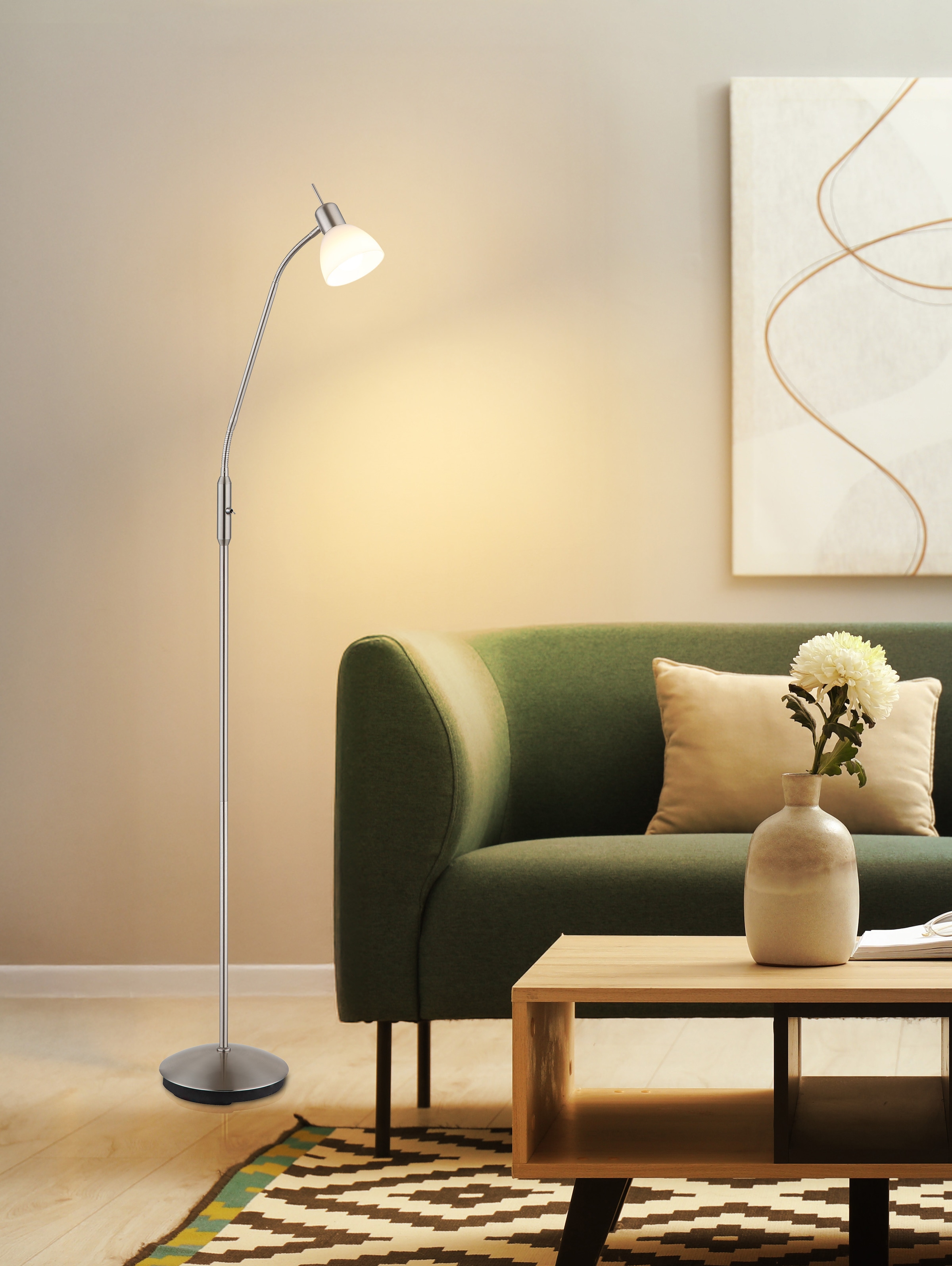 NOWA Stehlampe »MALTE« E14 1 Stk. Warmweiß Stehleuchte Nickel matt mit Glas opal, E14 LED 5W, Flexo