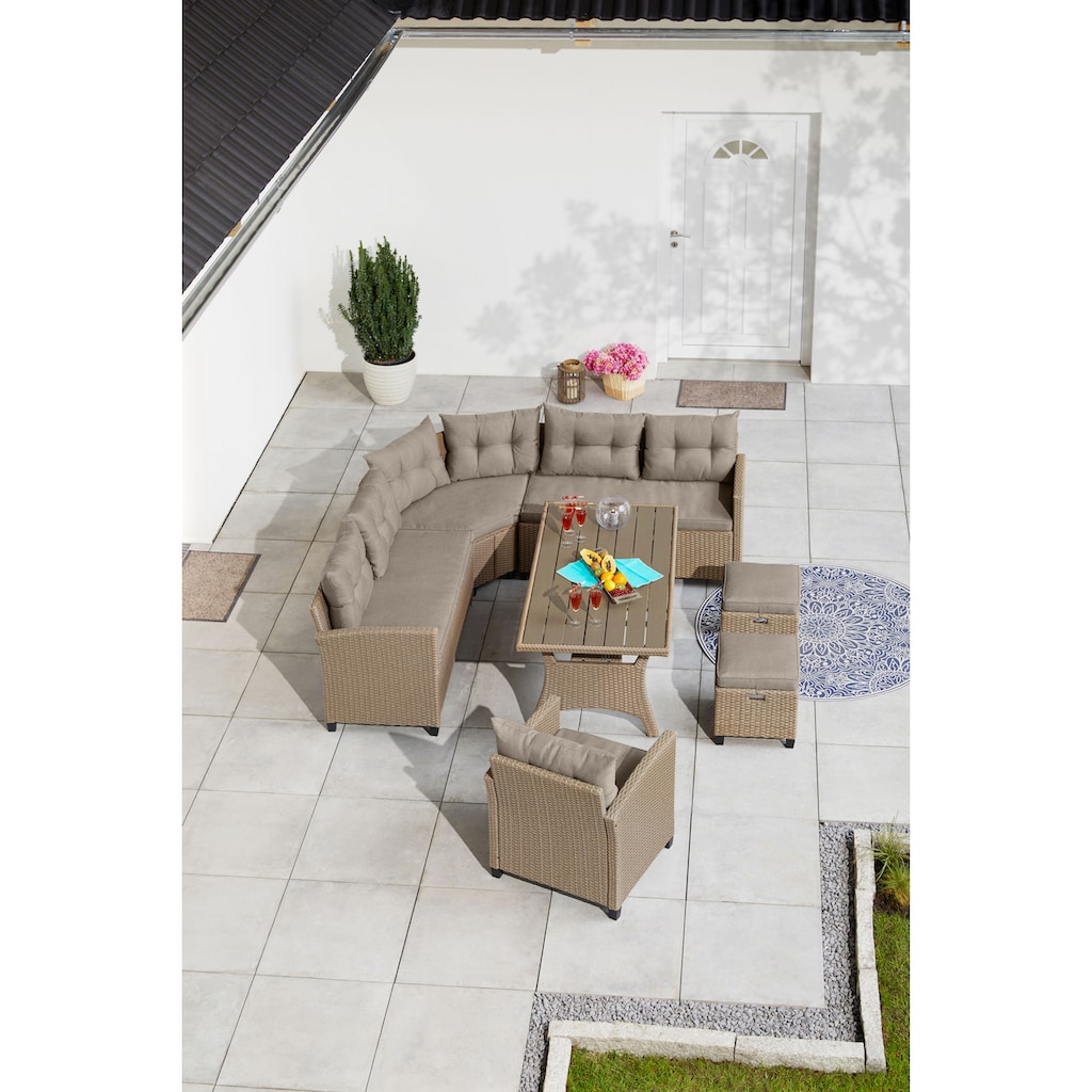 KONIFERA Gartenlounge-Set »Keros Premium«, (Set, 20 tlg., 2x 2er Sofa, 1x Ecke, 1x Sessel, 2x Hocker, 1x Tisch 145x75x67,5cm)