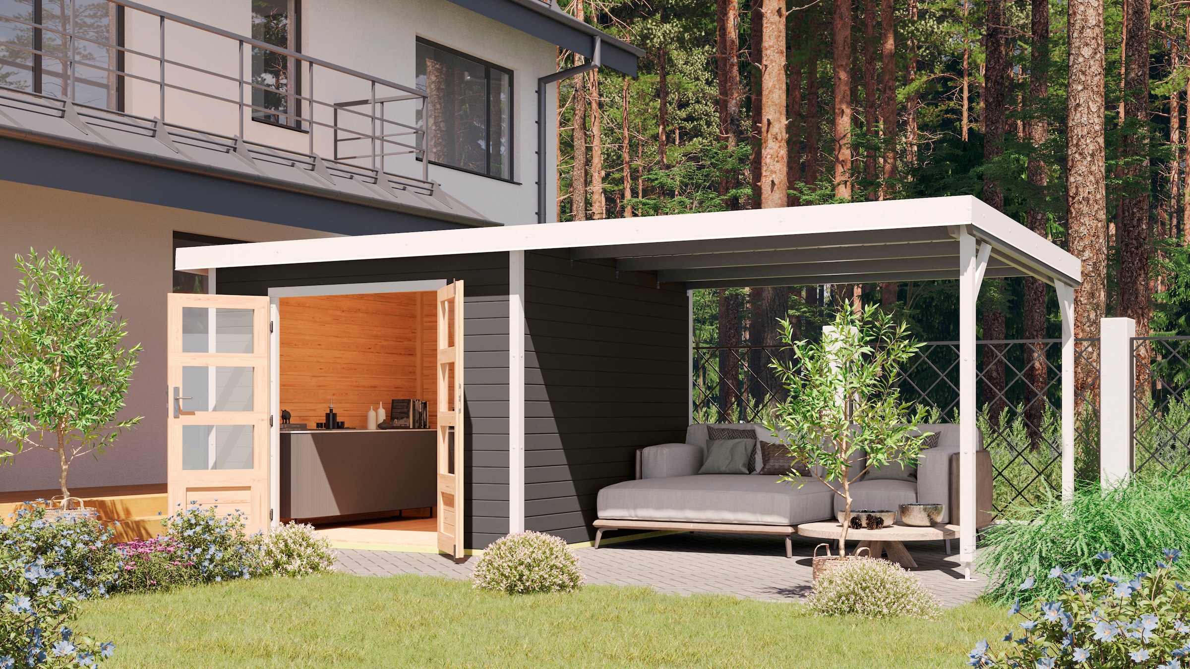 Karibu Gartenhaus ""Plutino B" SET, Anbaudach 3 m Breite" aus nordischer Fi günstig online kaufen