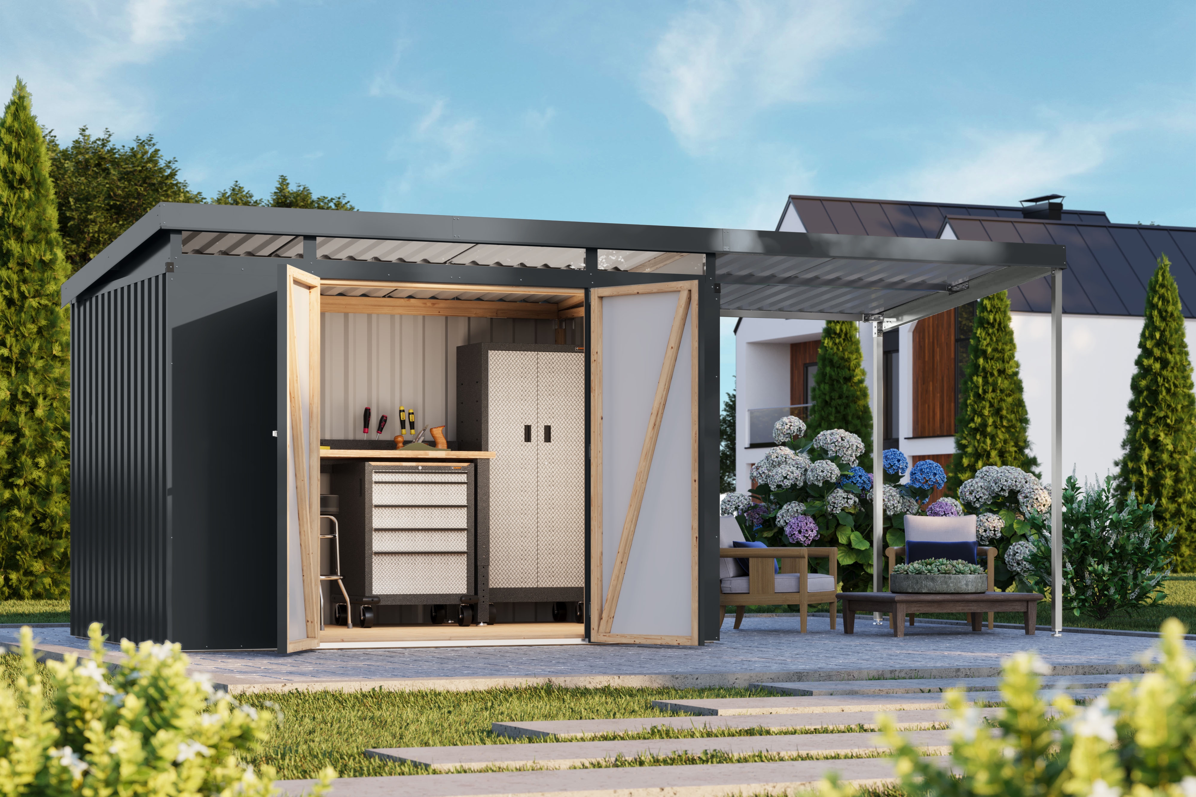 Karibu Gerätehaus "Argonium 3 SET mit Anbaudach" Made in Germany