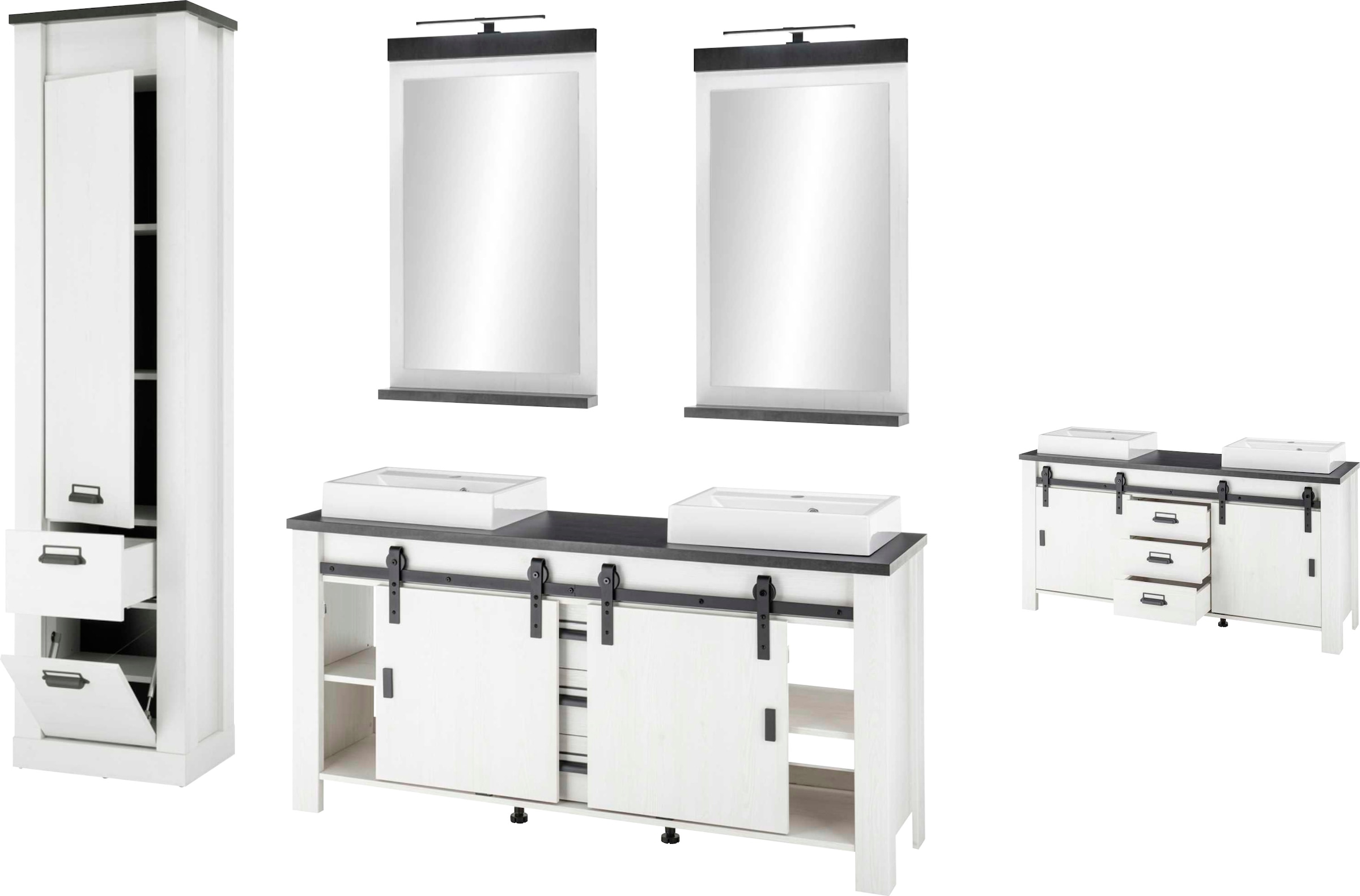Home affaire Badmöbel-Set »SHERWOOD, Bad im modernen Design, 4-teiliges Badezimmer«, (4 St.), in 2 Farben verfügbar, Scheunentorbeschlag & Apothekergriff aus Metall