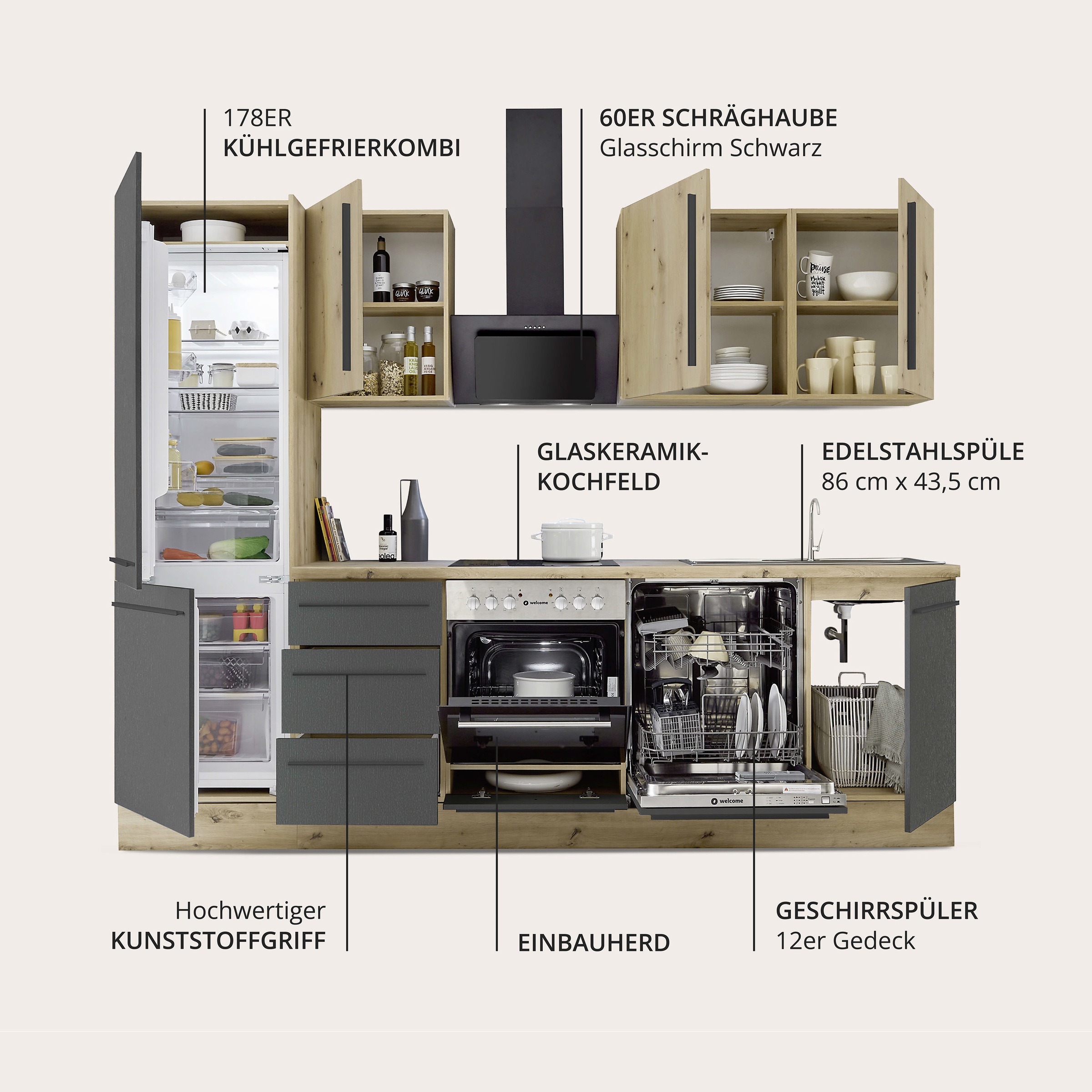 Thumbnail - KOCHSTATION Küchenzeile "KS-Florida mit 38mm starker Arbeitsplatte" Breite 280 cm, wahlweise mit E-Geräten, Soft-Close-F...