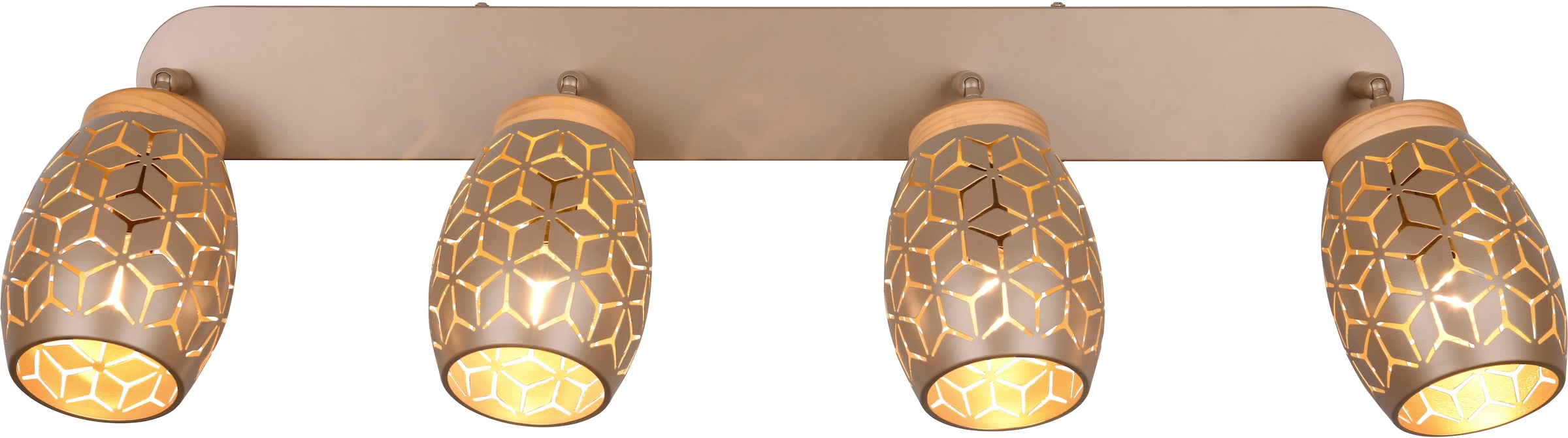 REALITY Leuchten Deckenstrahler »BIDAR 4-flammig, exkl 4x E14 max 10W, Deckenlampe Spots verstellbar«, 4 flammig, Leuchtmittel E14 | Leuchtmittel wechselbar, Metall-Lampenschirm mit Lasercut Muster und Holz-Dekoelementen