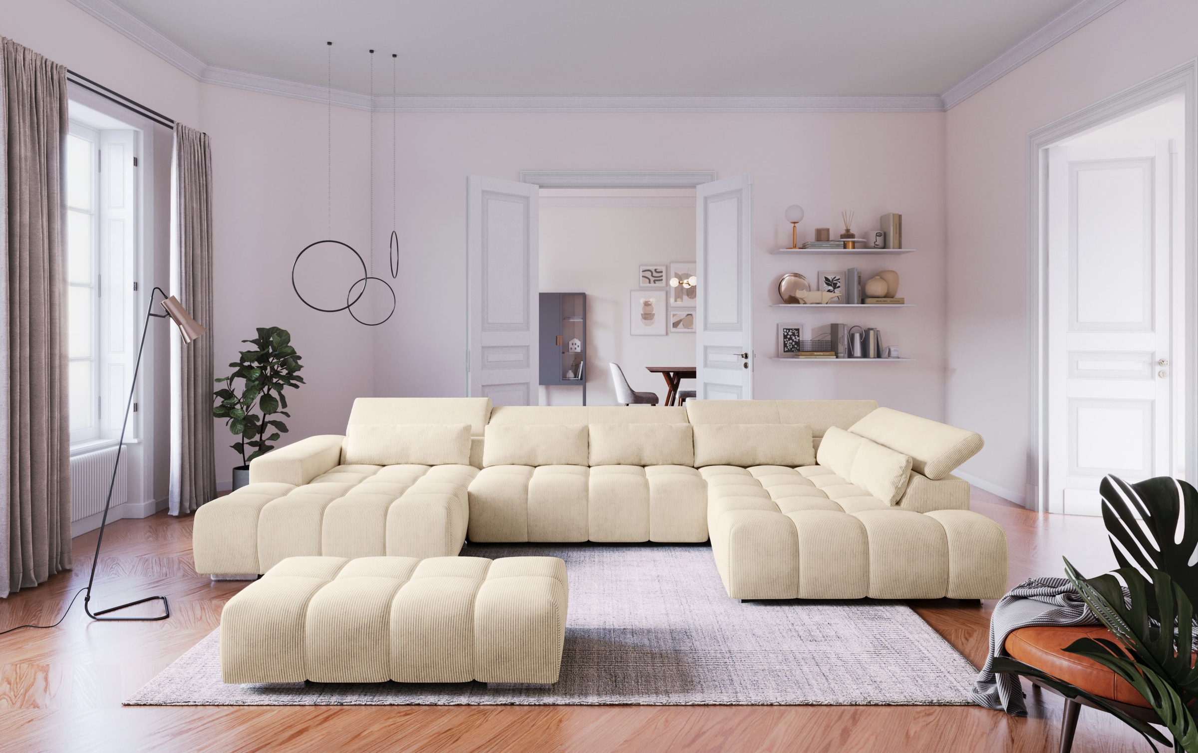 Wohnlandschaft COTTA "Orion U-Form", ivory, B:409cm H:73cm T:225cm, 100% Polyester, Sofas, Wohnlandschaft, mit Kopfteilverstellung & 6 Nierenkissen