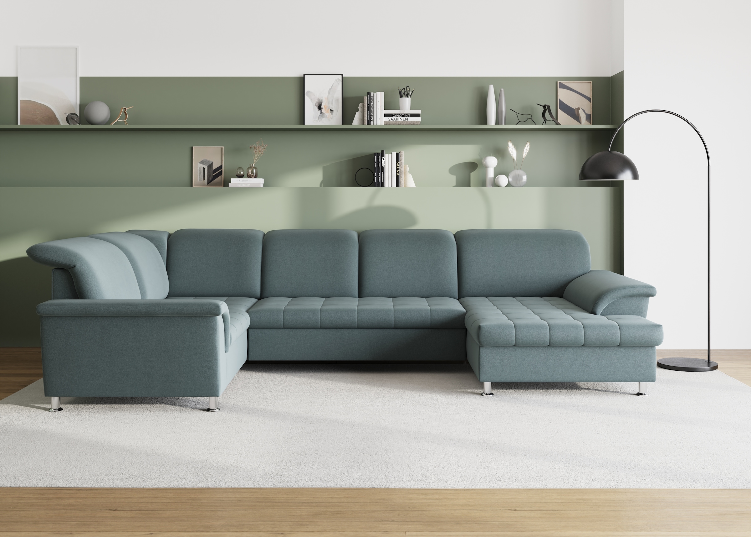 DOMO collection Wohnlandschaft "FRANZI 344x206x81 cm, elegant, komfortabel" U-Form, Recamiere rechts, eisblau, B/T: 344/206 cm