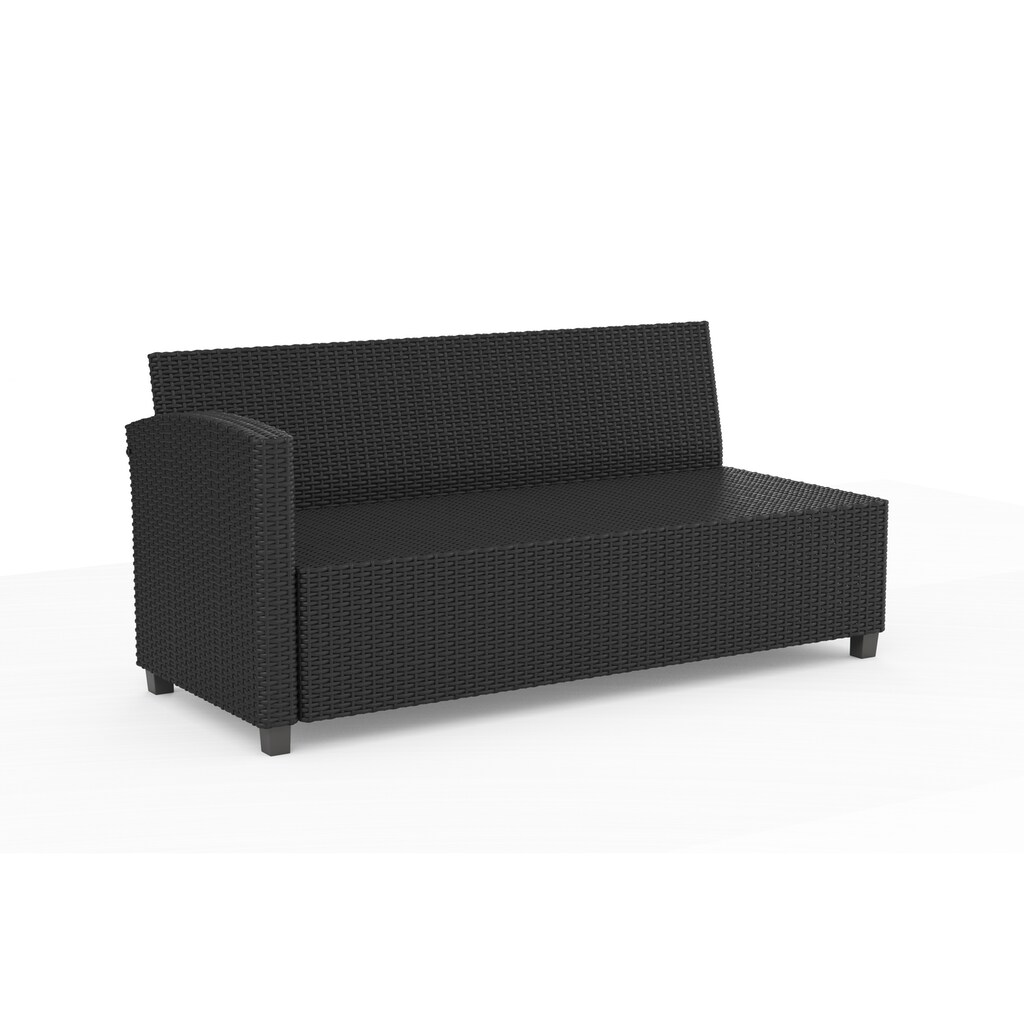 KONIFERA Gartenlounge-Set »Georgia«, (Set, 2x 3er Bank, 2x Hocker, 1x Tisch 145x74x67cm, Stahl, Polyrattan), inkl. Auflagen, Schwarz, Tischplatte aus Nonwood