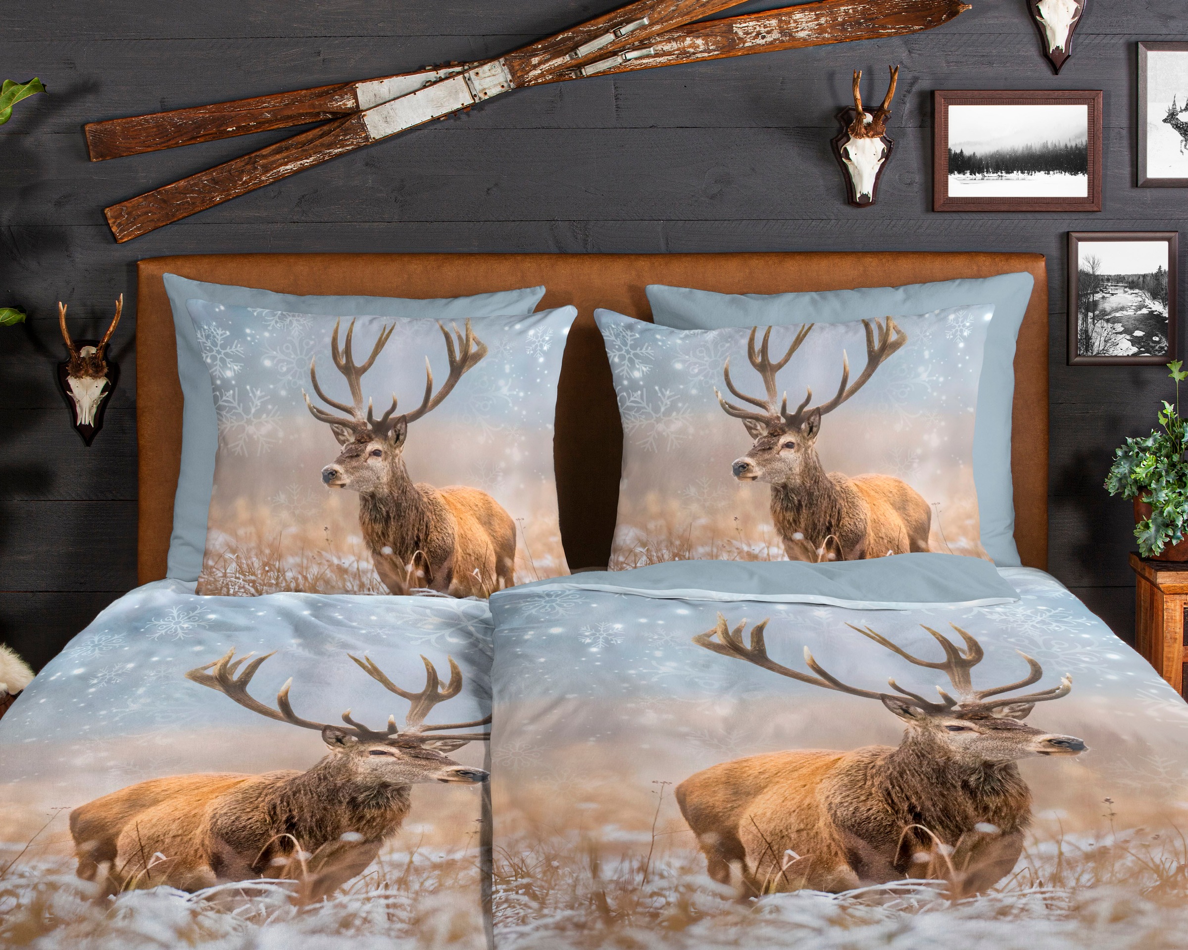 good morning Wendebettwäsche »Jolly«, Biber, 135x200, Winter, Warm, Reißverschluss, Wendeoptik, Reh