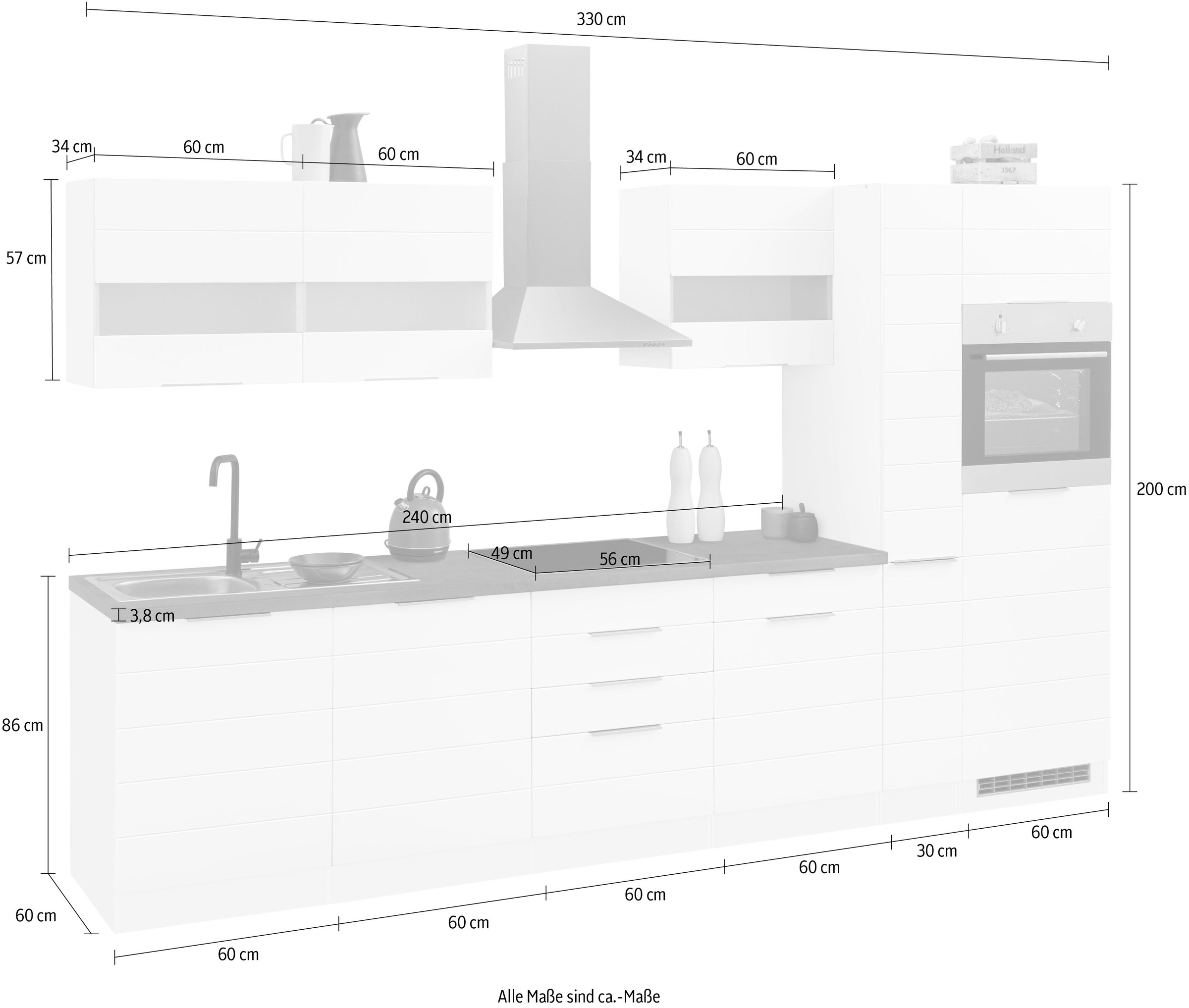 KOCHSTATION Küchenzeile »KS-Luhe« 330 cm breit, wahlweise mit oder ohne E-Geräten, gefräste MDF-Fronten