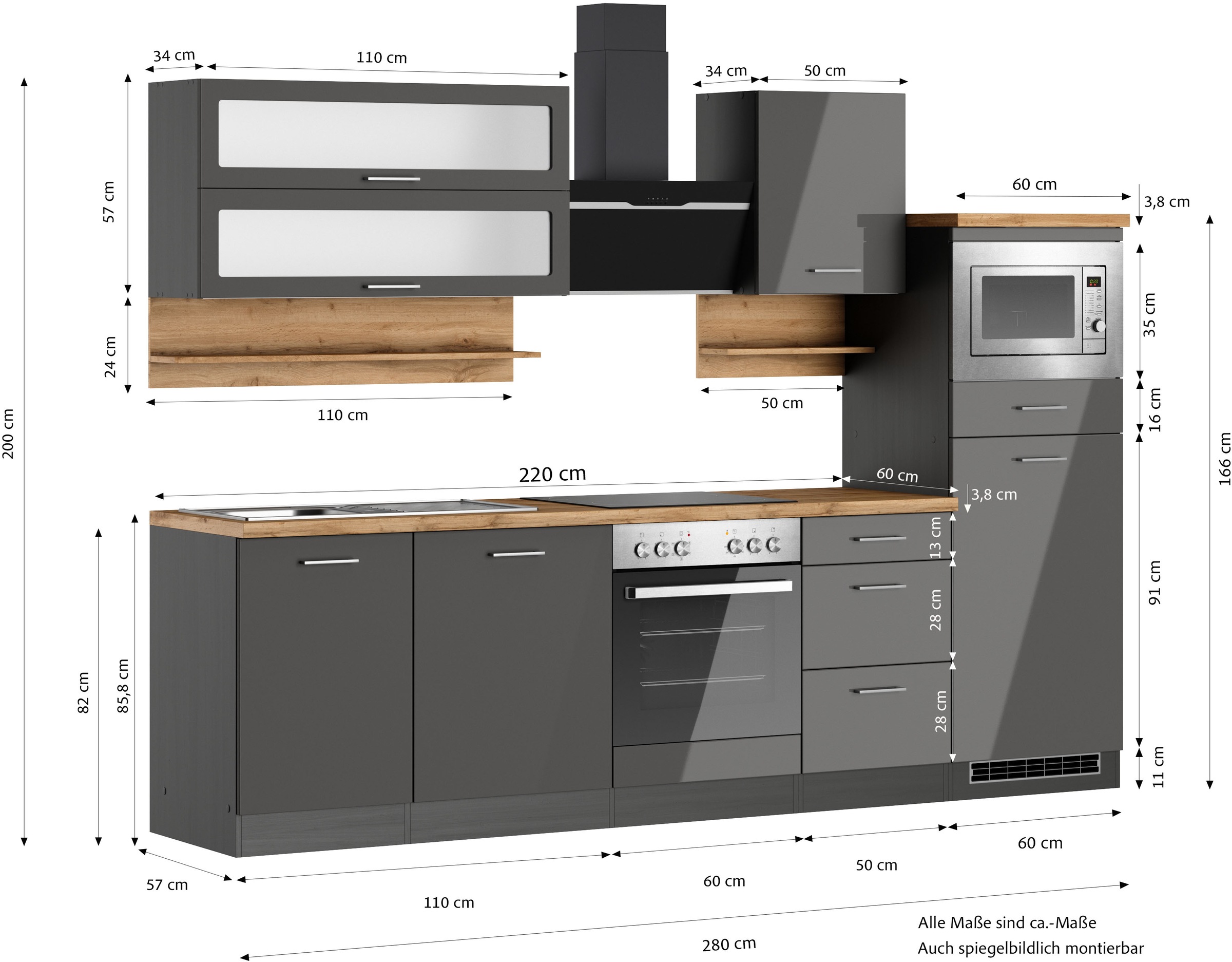 KOCHSTATION Küchenzeile »KS-Milan«, 280 cm breit, robuste Metallauszüge, viel Stauraum