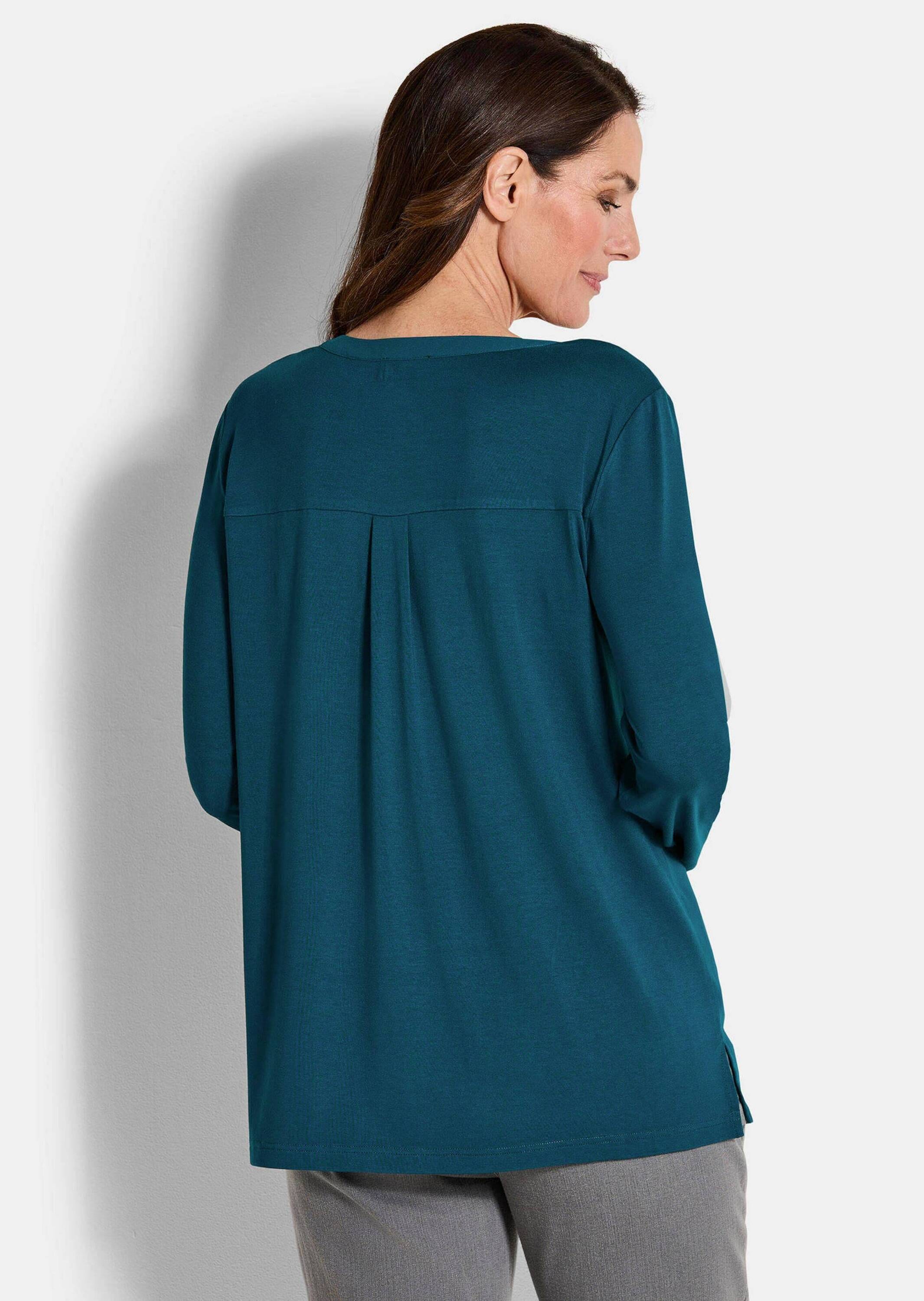 GOLDNER Kurzarmbluse »Kurzgröße Langarm Damen Unibluse mit Chiffoneinsatz und Rundhalsaussschnitt«