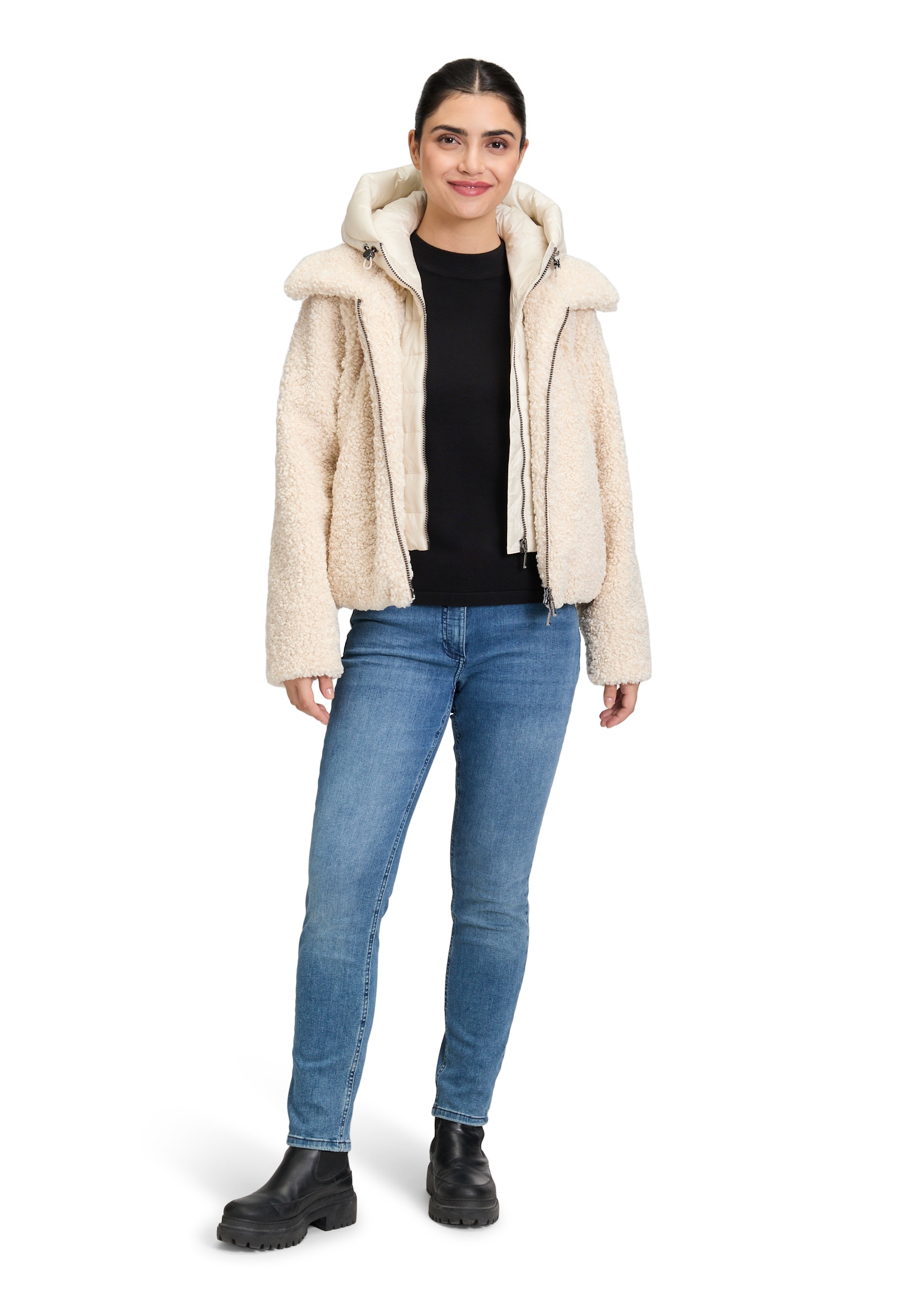 Amber & June Plüschjacke »Amber & June Damen Plüschjacke mit abnehmbarem Westenteil«, mit Kapuze