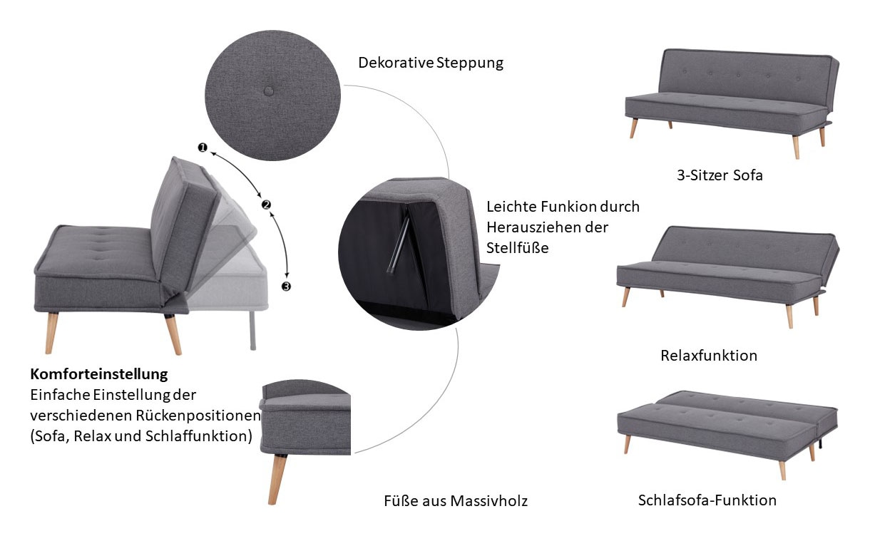 INOSIGN Schlafsofa »ARBON,183cm, klappbarer 3-Sitzer mit verstellbarer Rückenlehne und«, Bettfunktion, Webstoff und Kunstleder