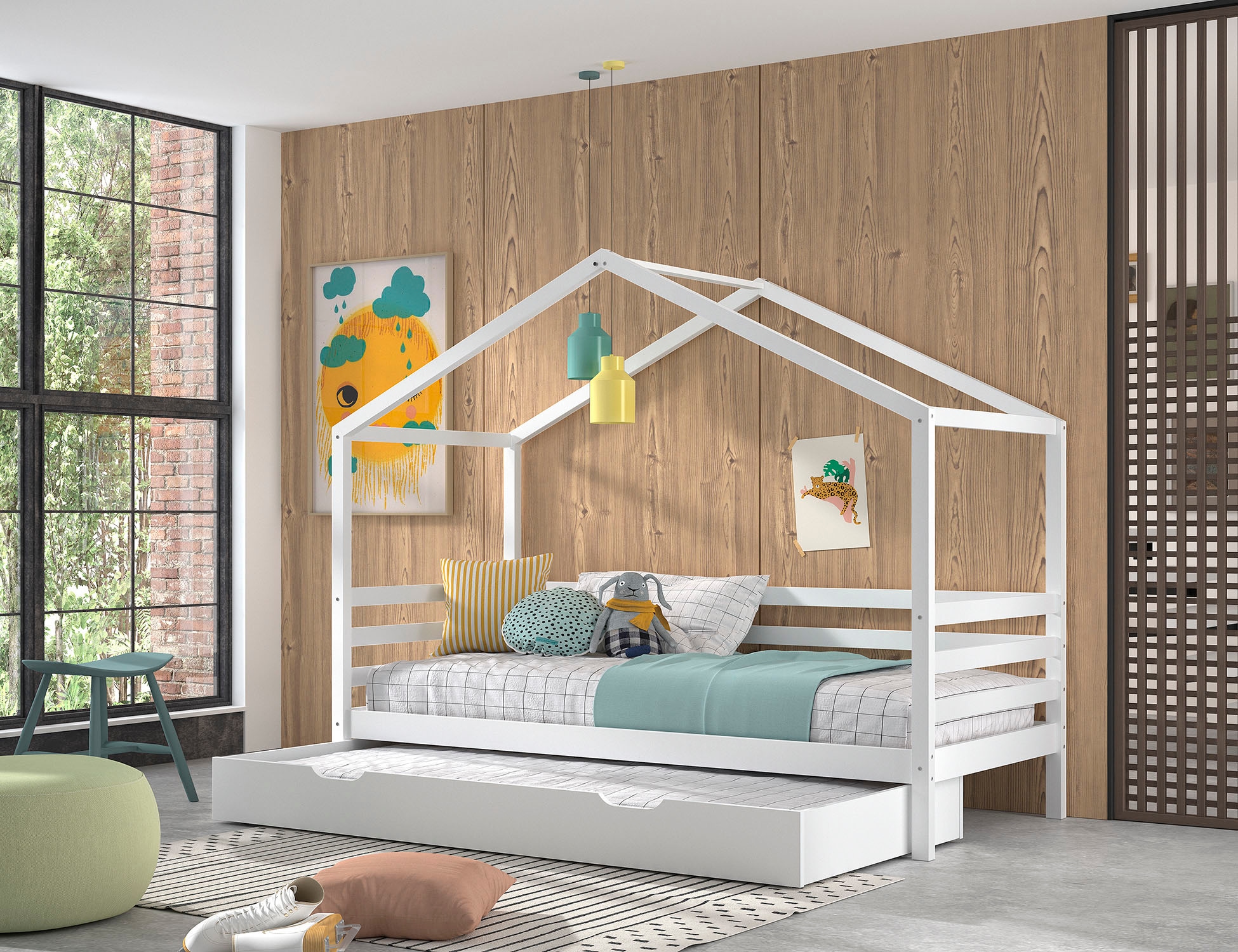 Vipack Hausbett »aus massiver Kiefer, weiß lackiert, stabil gebaut«, 90/200 inkl. Rolllattenrost, Umrandung, Bettschublade u. Dachaufbau