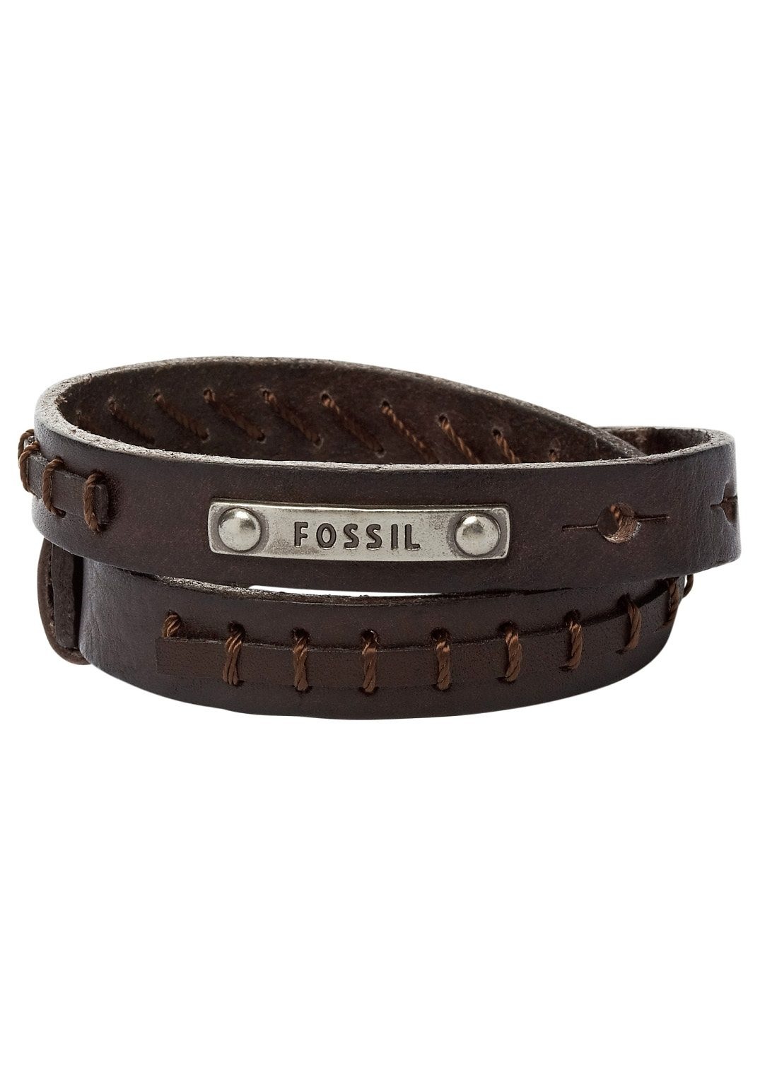 Wickelarmband FOSSIL "Schmuck Geschenk Edelstahl Leder Armschmuck", braun (edelstahlfarben, dunkelbraun), Armbänder, Damen, 48cm, Edelstahl Leder, Edelstahl, Leder, Wickelarmband 2
