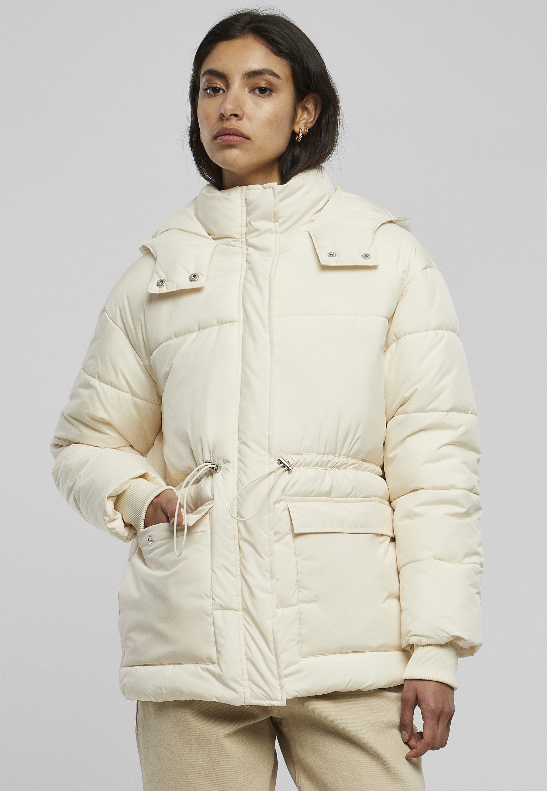 URBAN CLASSICS Winterjacke »Urban Classics Damen Ladies Waisted Puffer Jacket« 1 Stk. tlg. mit Kapuze