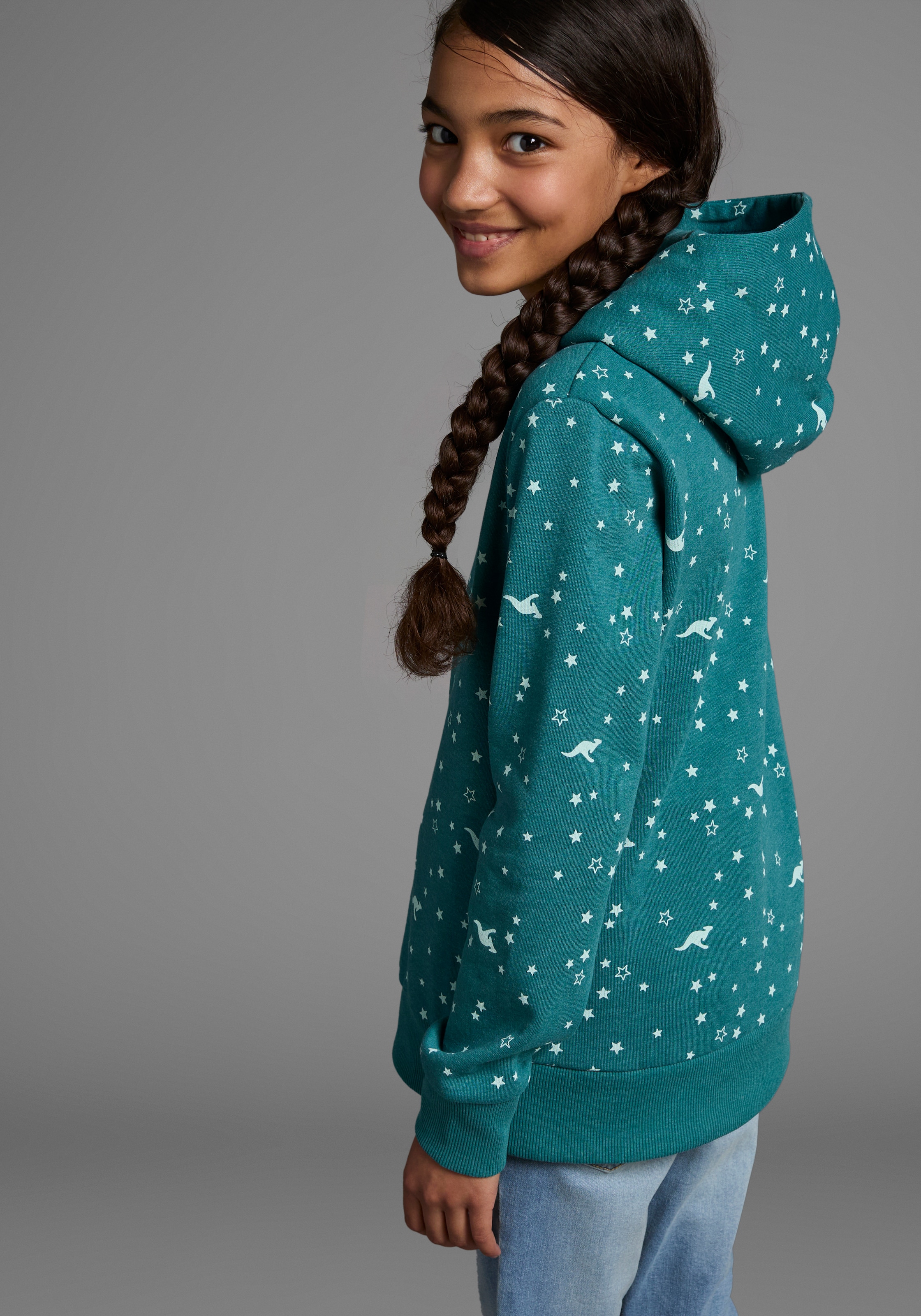 KANGAROOS Mädchen Kapuzensweatshirt, blau, Gr. 140, bedruckt, angeraute Sweatware, Obermaterial: 60% Baumwolle, 40% Polyester, Sweatshirts, Langarm,