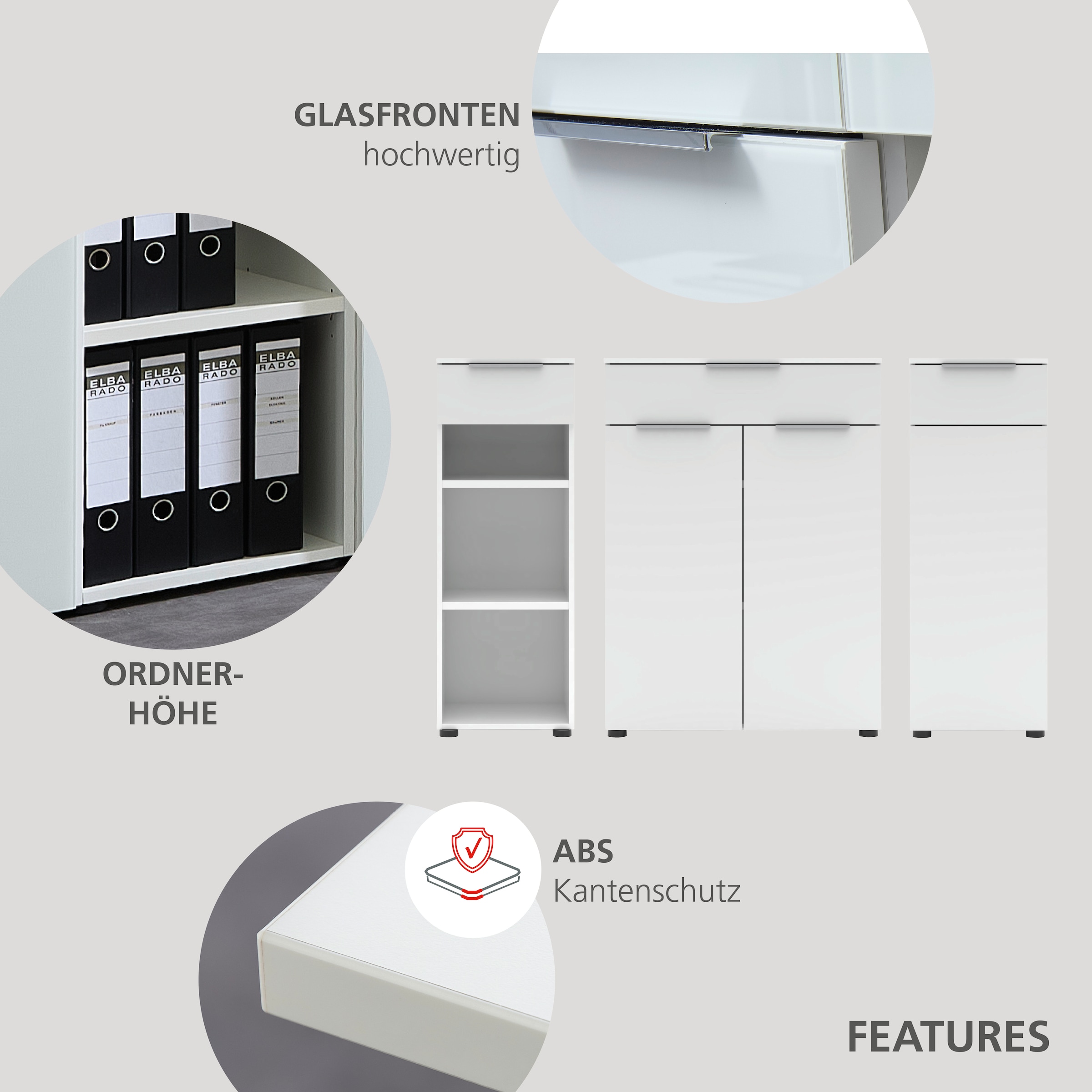 Innostyle Aktenschrank »Büroschrank Santorin, 40/110/38 cm ( B/H/T)« 1 Stk. tlg. 1 Tür links/rechts verwendbar, Softclose, Klarglas, ABS Schutzkante