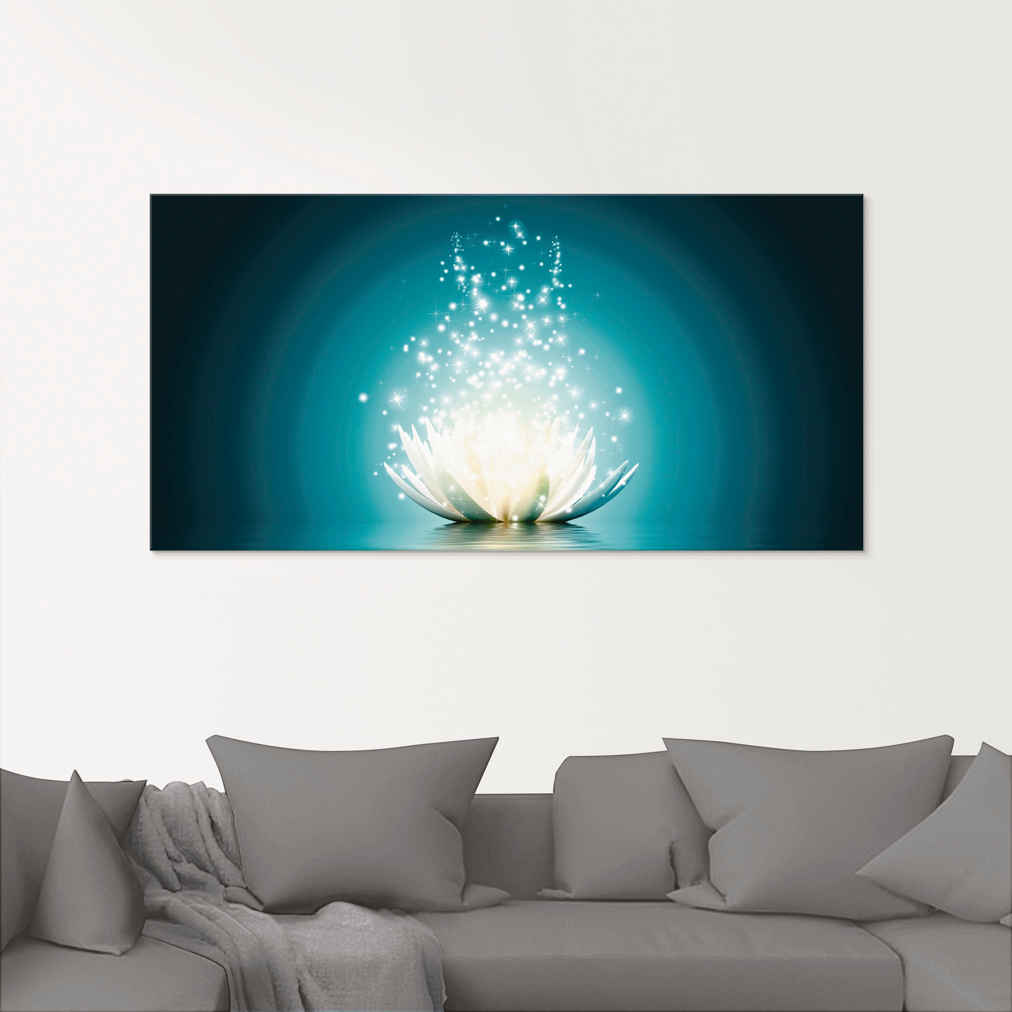 Glasbild ARTLAND "Magie der Lotus-Blume", blau (farbe bild(er): blau), B:100cm H:50cm, Bilder