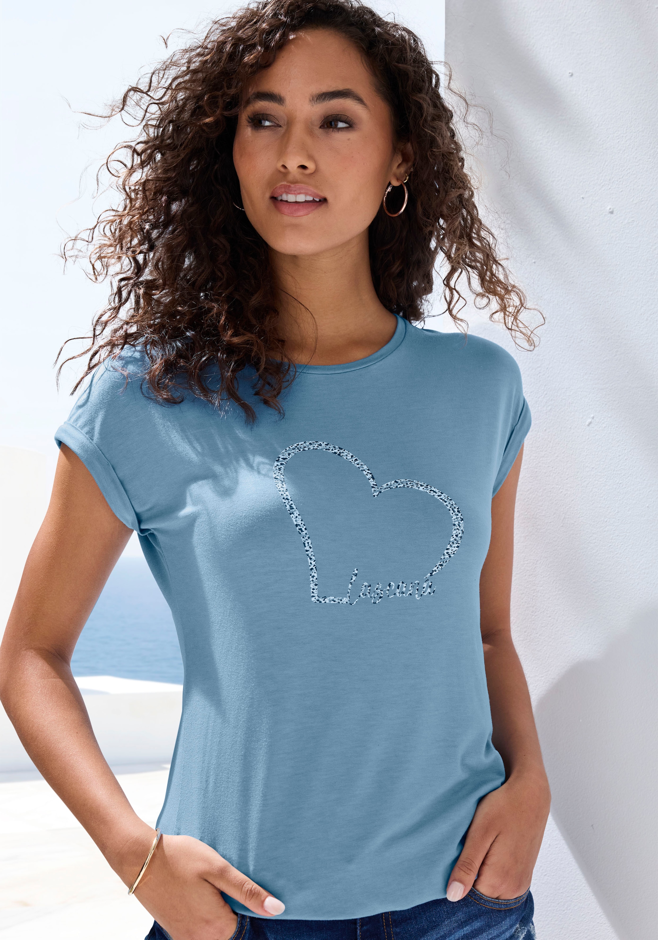 LASCANA Kurzarmshirt "mit Lascana Herz Print", aus weichem Viskose-Stretch günstig online kaufen