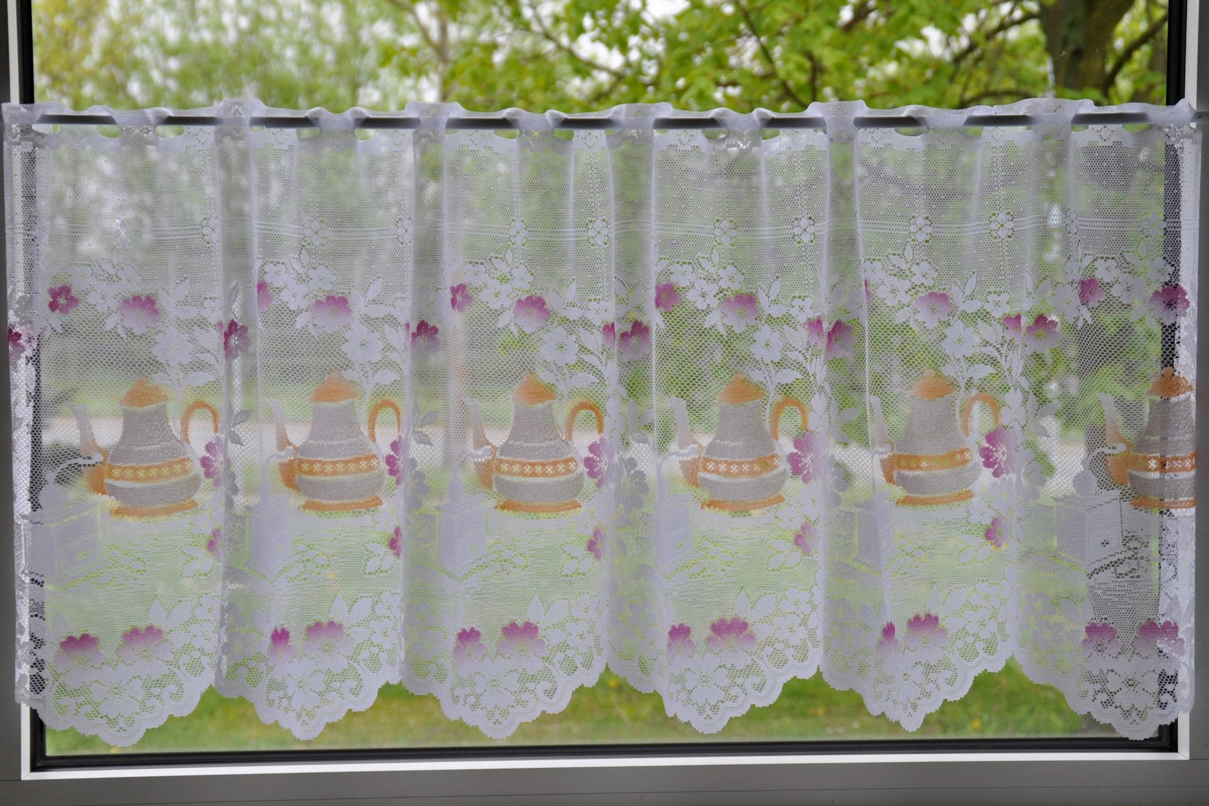 Stickereien Plauen Scheibengardine "Panneau Kaffeeservice" Stangendurchzug günstig online kaufen