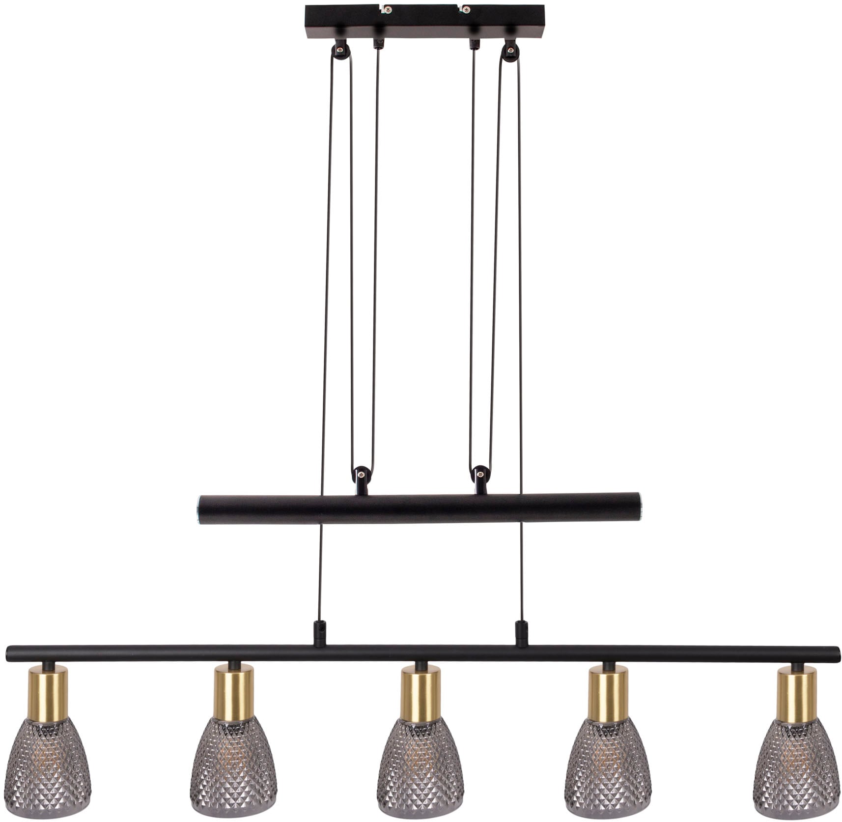 näve Pendelleuchte »Lindita« E14 1 Stk. 5er Spot Gegenzug, Relief-Glasschirm smokey, Gestell messing matt, E14