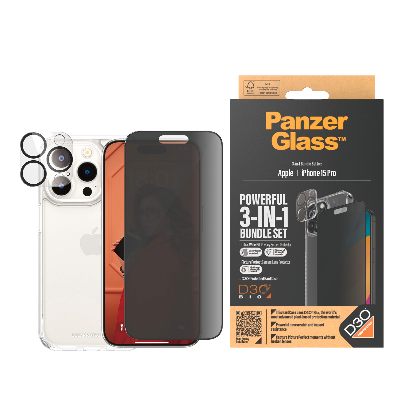PanzerGlass Displayschutzglas »3-in-1-Privacy-Pack Privacy, Camera Protector und Cover«, für iPhone 15 Pro
