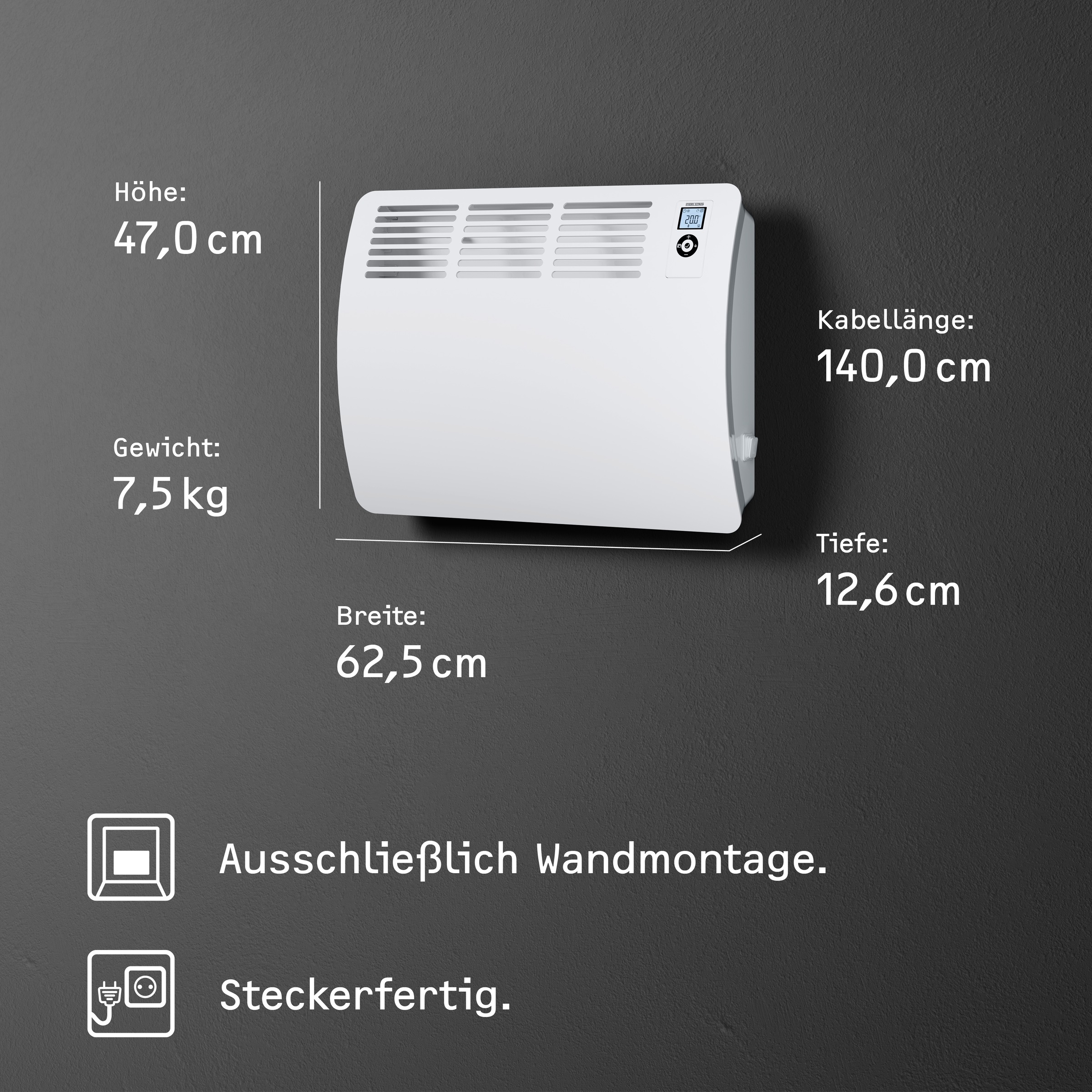 STIEBEL ELTRON Konvektor »»CON 15 Premium«, Wandkonvektor, energiesparend, VDE geprüft, 1,5 kW«, für ca. 20 m², LC-Display, Wochen-/120 Min-Kurzzeittimer, Silent Mode