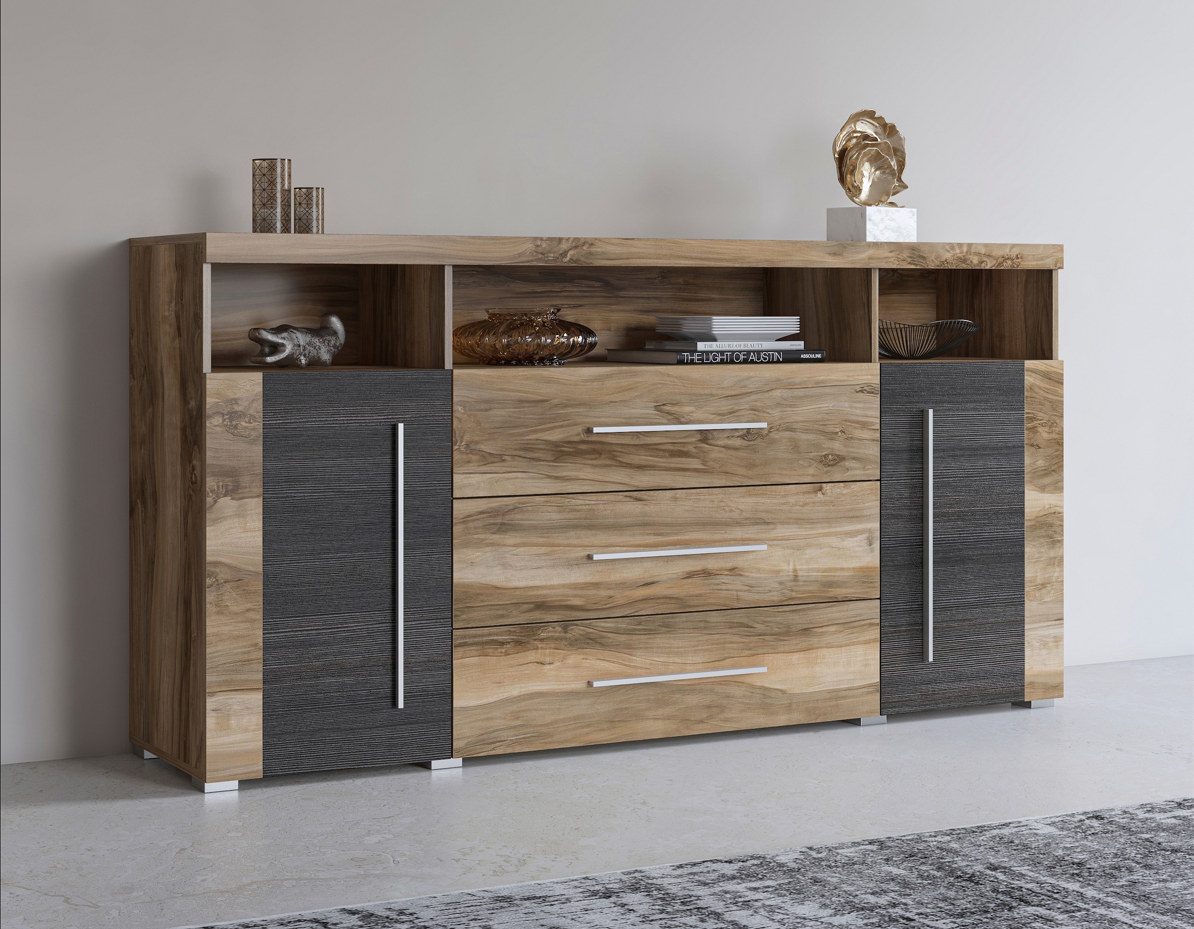 INOSIGN Sideboard "Roger,Breite 182cm, stilvolle Schrank, 2 Holztüren 3 Schubladen", Kommode mit viel Stauraum, Einlegeb