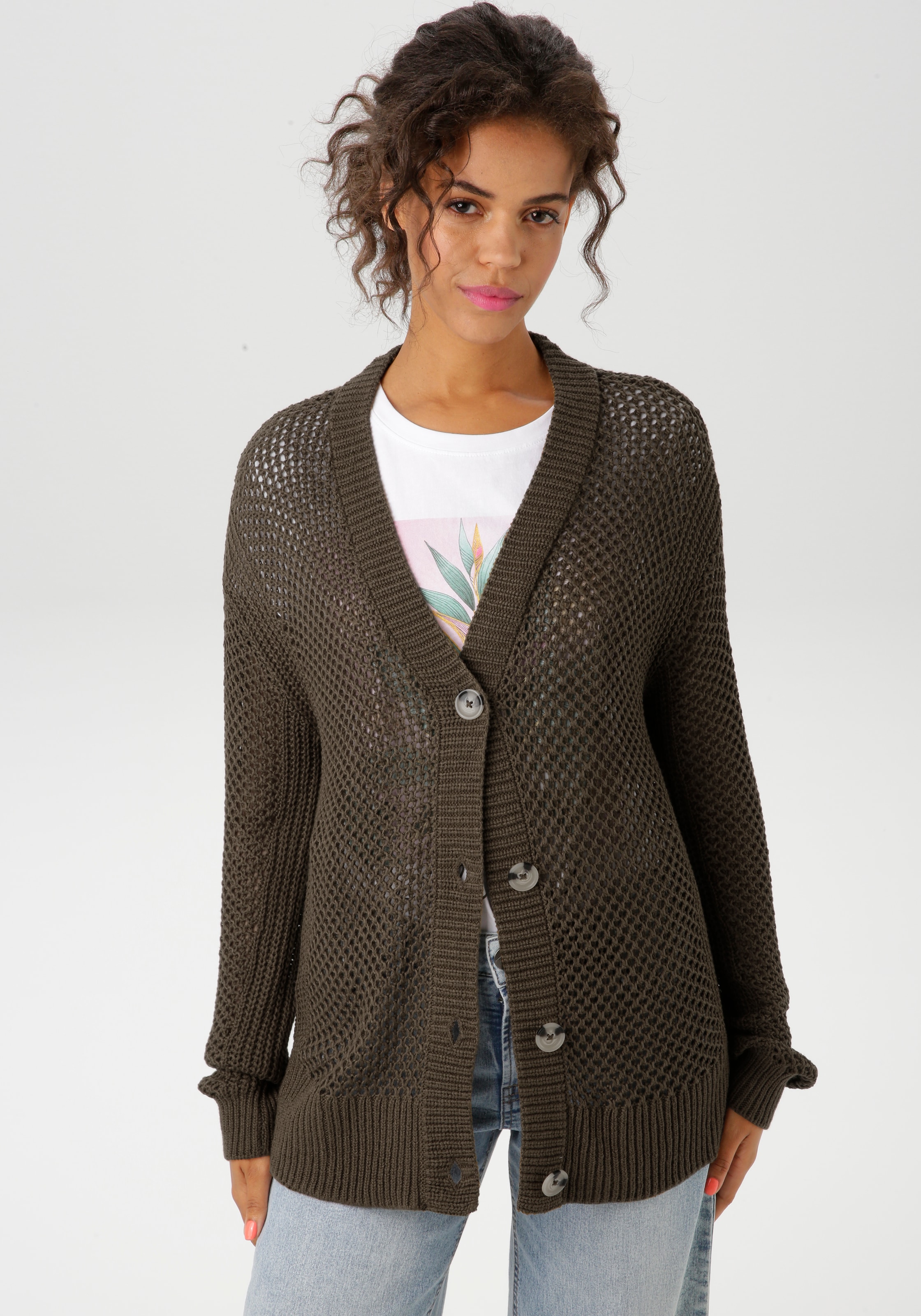Aniston CASUAL Strickjacke, mit trendigem Lochstrick-Muster günstig online kaufen