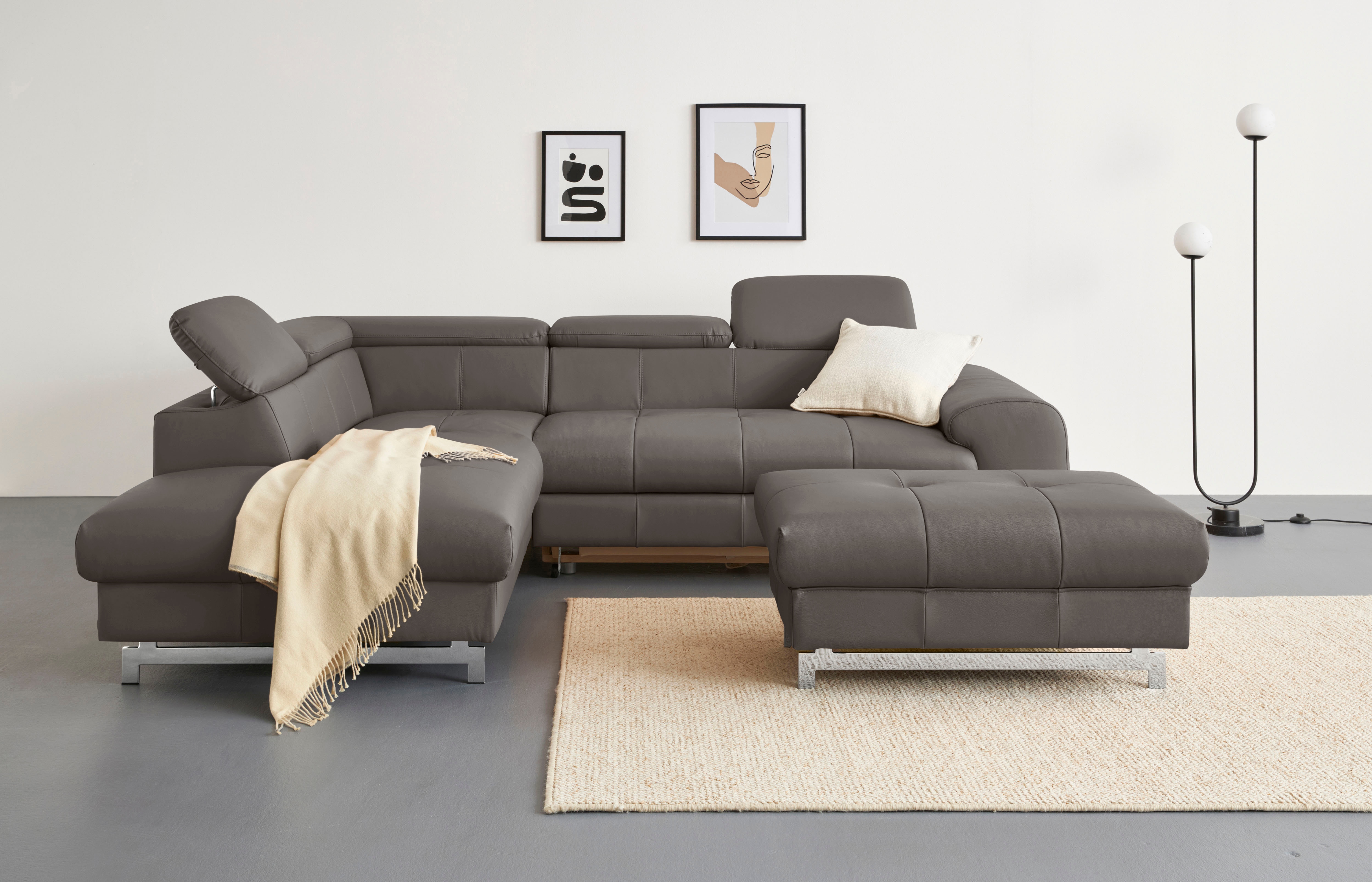 COTTA Ecksofa "Chef L-Form, B: 257cm, Leder, inkl. Kopfteilverstellung" optionale Schlaffunktion, moderne Metallkufen H 12cm, Wellenfederung