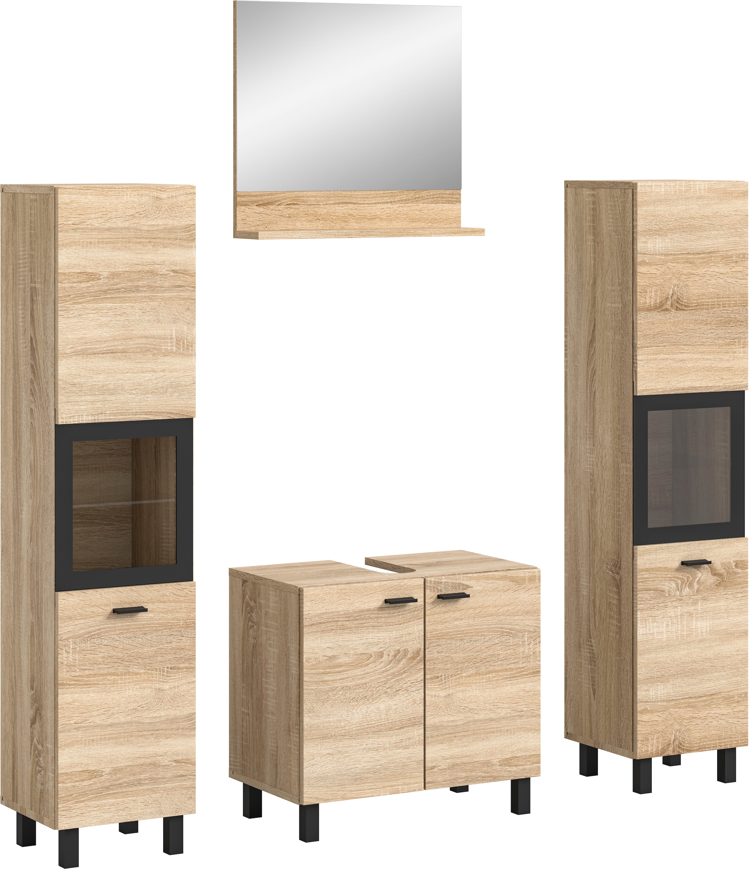 welltime Badmöbel-Set »Tampa, Breite 137cm, 4-teilig«, (4 St.), Waschbeckenunterschrank, Spiegel, Hochschrank