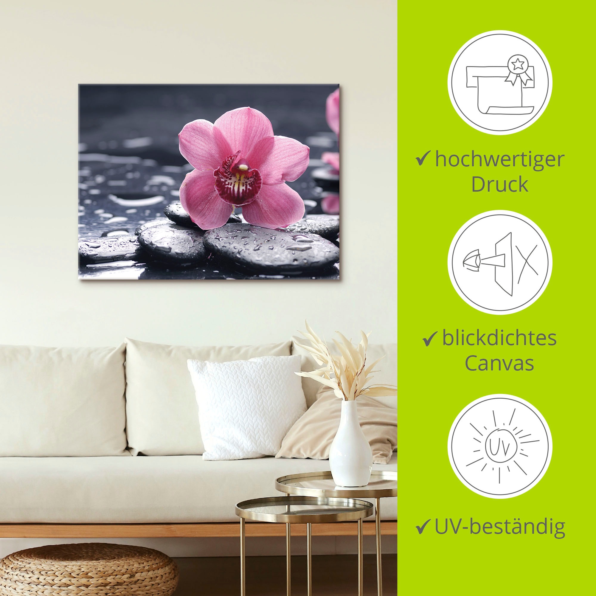 Artland Wandbild »Stillleben mit Kiesel und einer Orchidee«, Blumen, (1 St.), als Alubild, Outdoorbild, Leinwandbild, Poster, Wandaufkleber