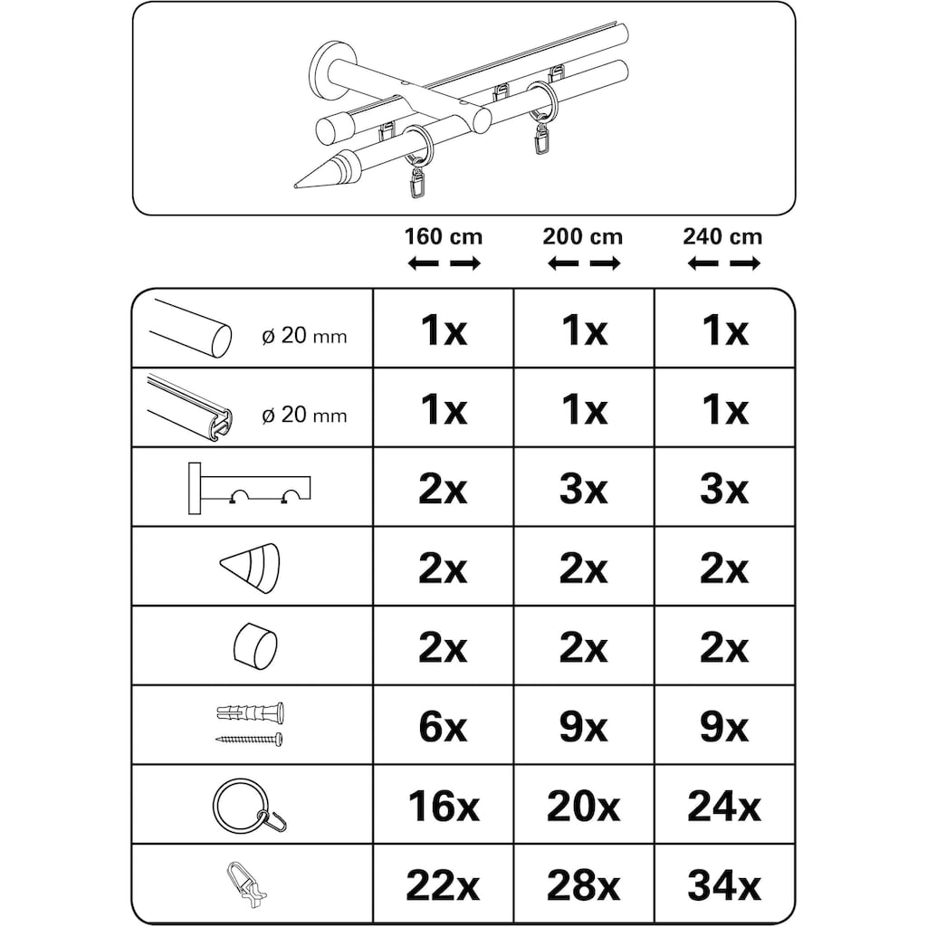 GARDINIA Gardinenstange »Gardinenstangen Set Kegel Metall«, 2 läufig-läufig, Fixmaß