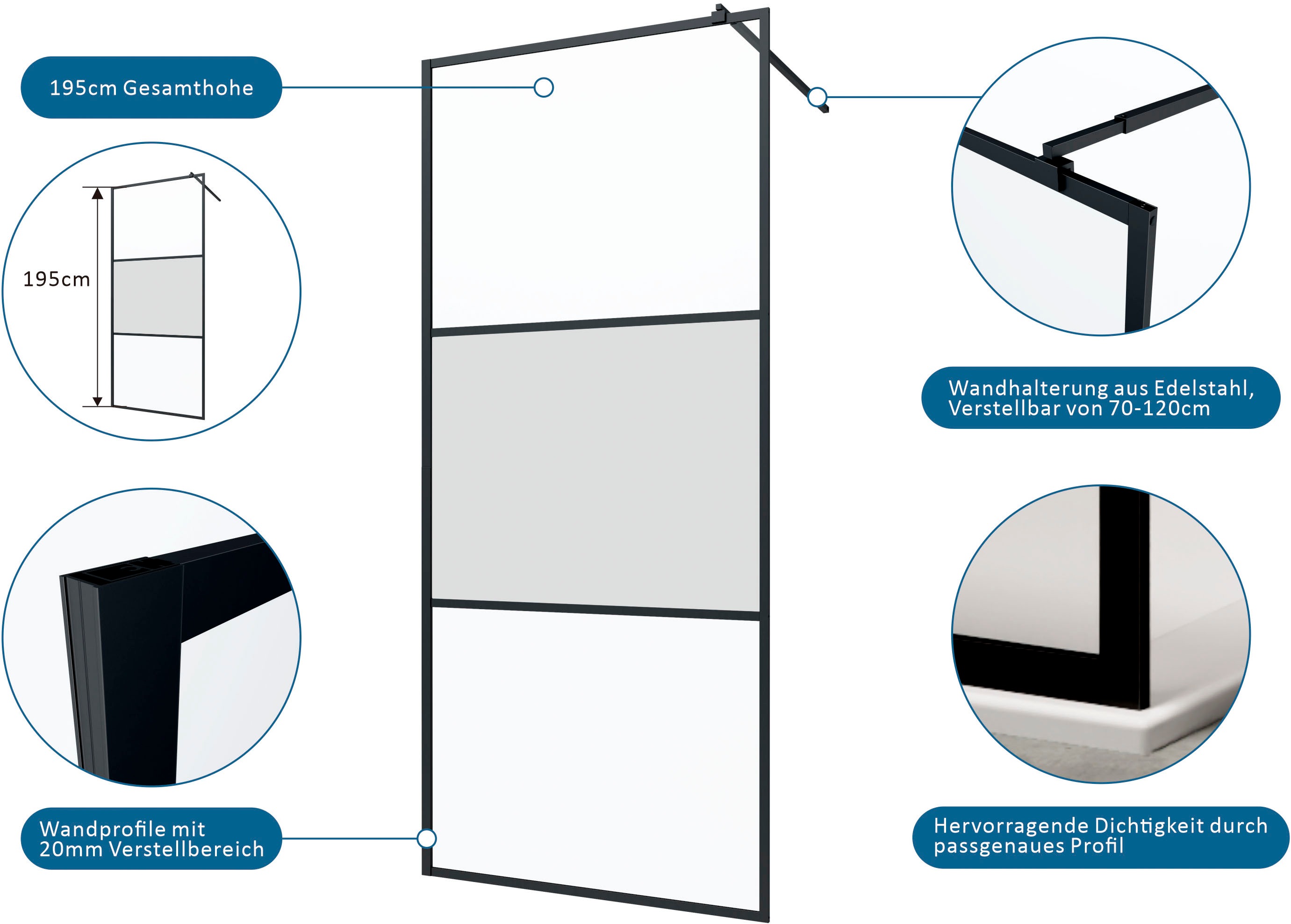 Thumbnail - welltime Walk-in-Dusche "Walk-In Foggy Black" Milchglaseinsatz für perfekten Sichtschutz
