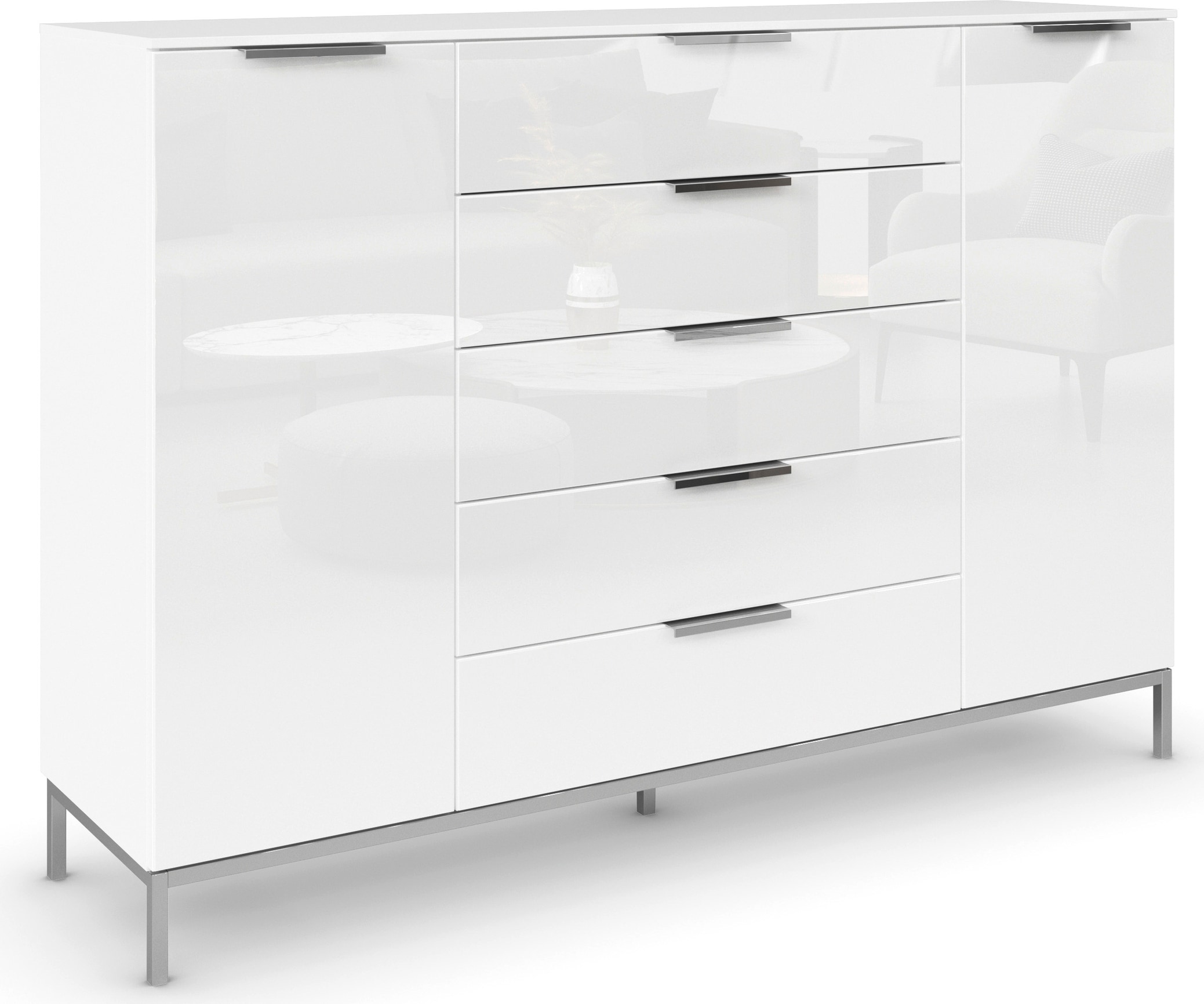 rauch "Kommode Türkommode Sideboard Kombikommode FLIPP mit Glasfront" Breite 160/180 cm mit 4 Einlegeböden, 2-trg mit 5 Schubladen und Soft-Close-Funktion, Glasfront, 2 Breiten