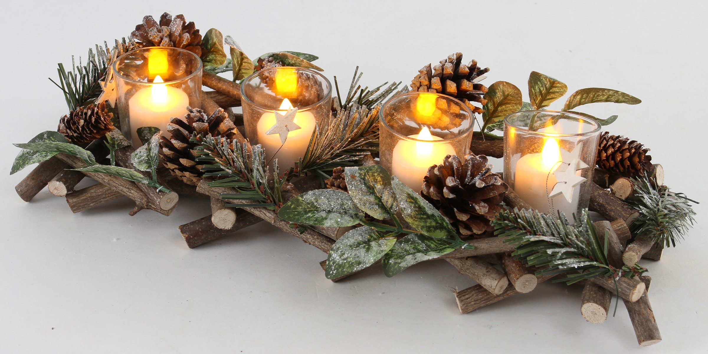 Home affaire Adventsleuchter »Weihnachtsdeko«, (1 St.), mit Tannenzweigen, Blättern, Zapfen + Sternen geschmückt, L. ca. 40cm