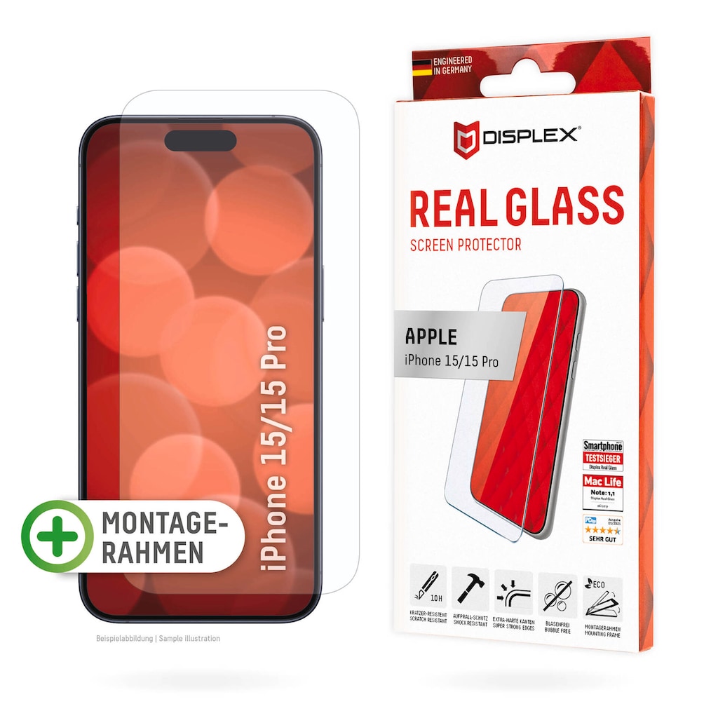 Displex Displayschutzglas »Real Glass«, für Apple iPhone 15-Apple iPhone 15 Pro, Displayschutzfolie Displayschutz kratzer-resistent 10H splitterfest