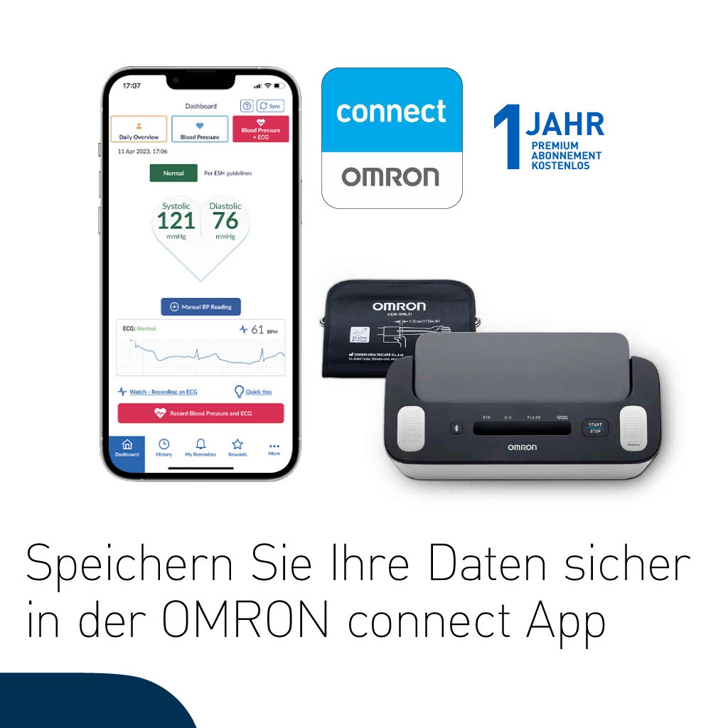 OMRON Oberarm-Blutdruckmessgerät "Complete mit EKG-Funktion, Vorhofflimmern (AFib)-Screening & App", schwarz, B:23,2cm H:9,8cm T:12,3cm,