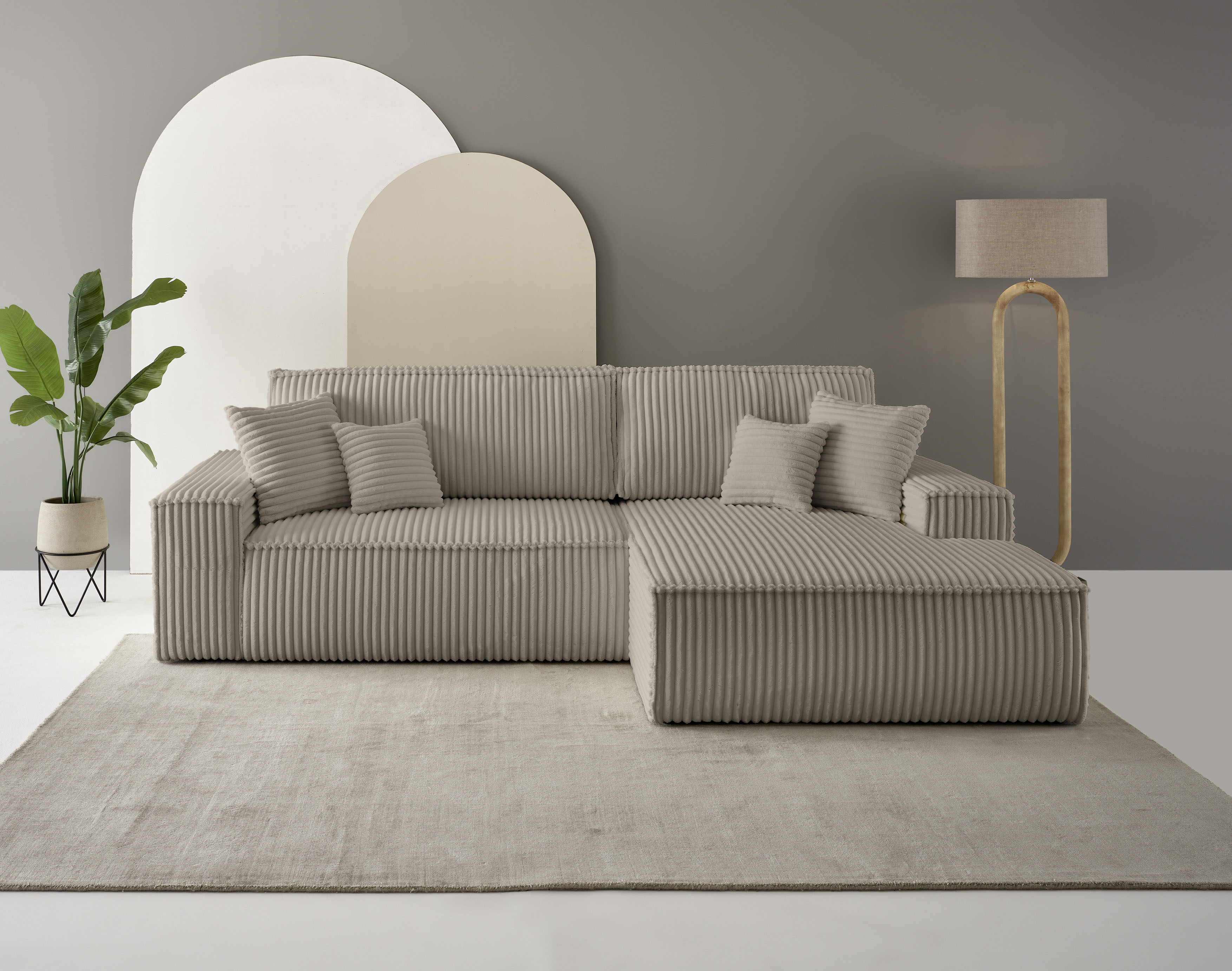 OTTO home Ecksofa "FINNLEY Cord, L-Form 257 cm, Schlafsofa" mit Bettkasten, in Bouclé, Struktur fein und Mega Cord