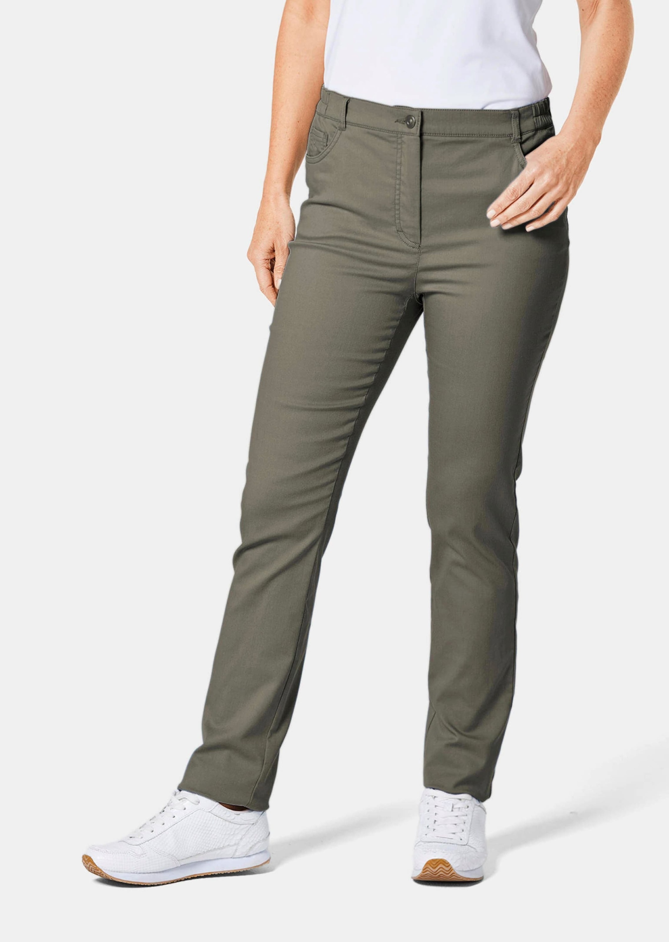 2-in-1-Hose GOLDNER "Kurzgröße Hose Carla in stretchbequemer Qualität", Damen, Gr. 25, K-Gr, grün (schilfgrün), Obermaterial: 84% Baumwolle CO. 14% Polyamid PA. 2% Elasthan EL., Hosen 2