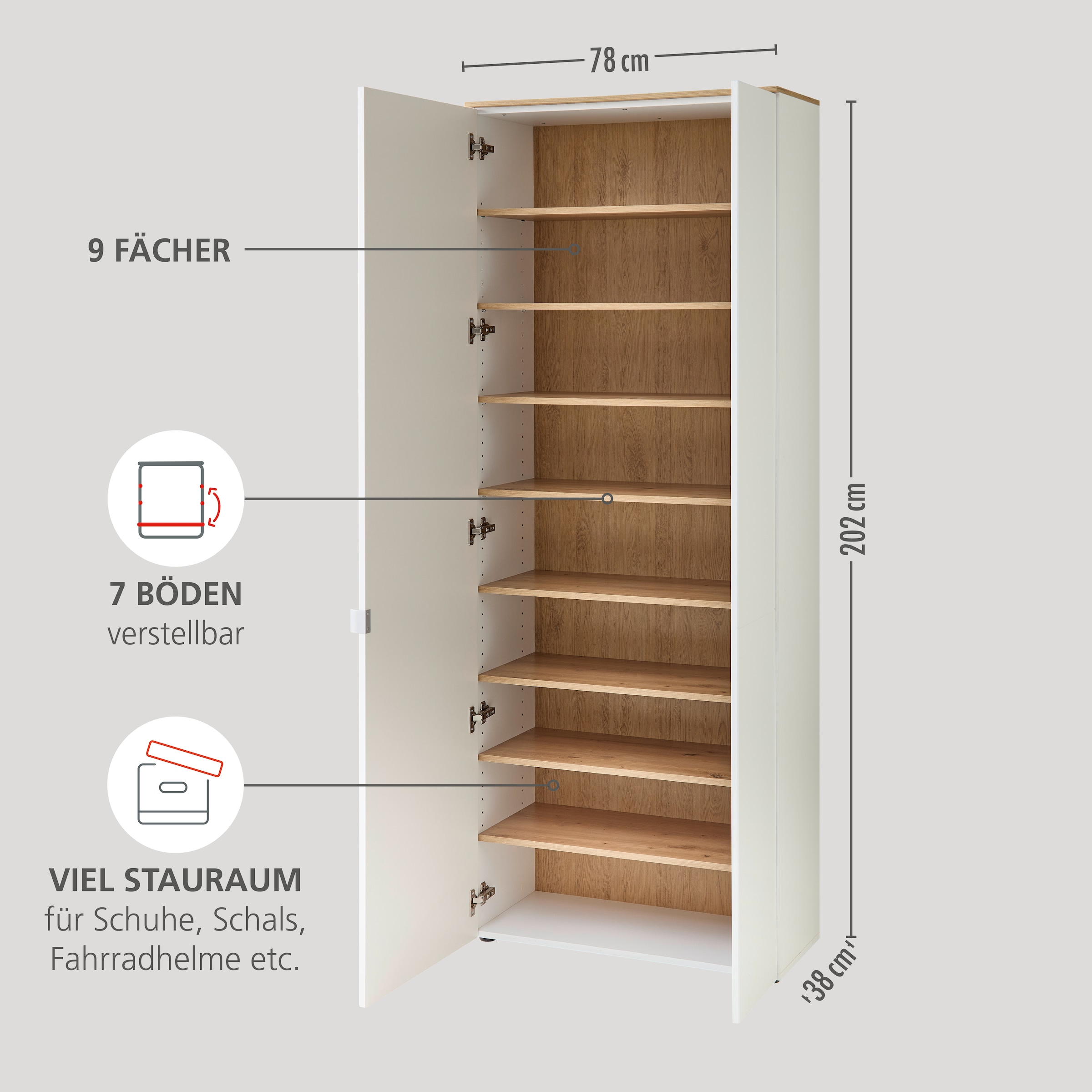 Innostyle Schuhschrank »Bari Schuhschrank, BxHxT 78x202x38 cm«, (1 St.), 2 türig, 9 Fächer, Softclose, ABS Kantenschutz